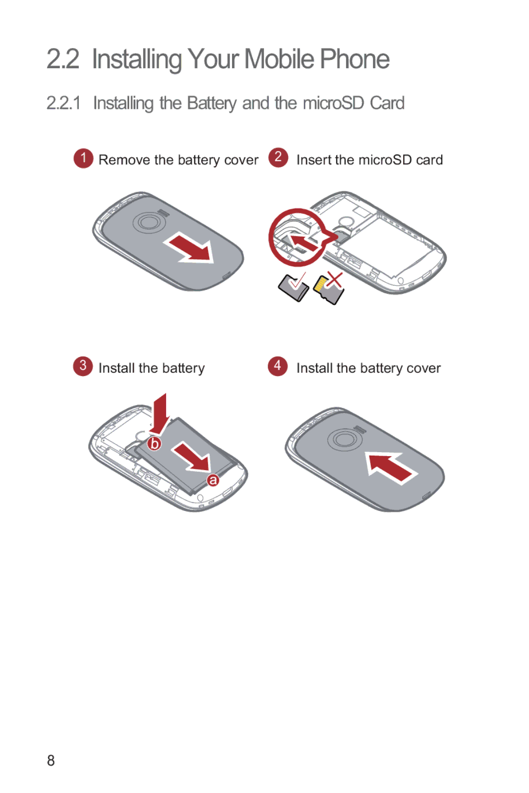 Huawei M835 manual Installing Your Mobile Phone, Installing the Battery and the microSD Card 