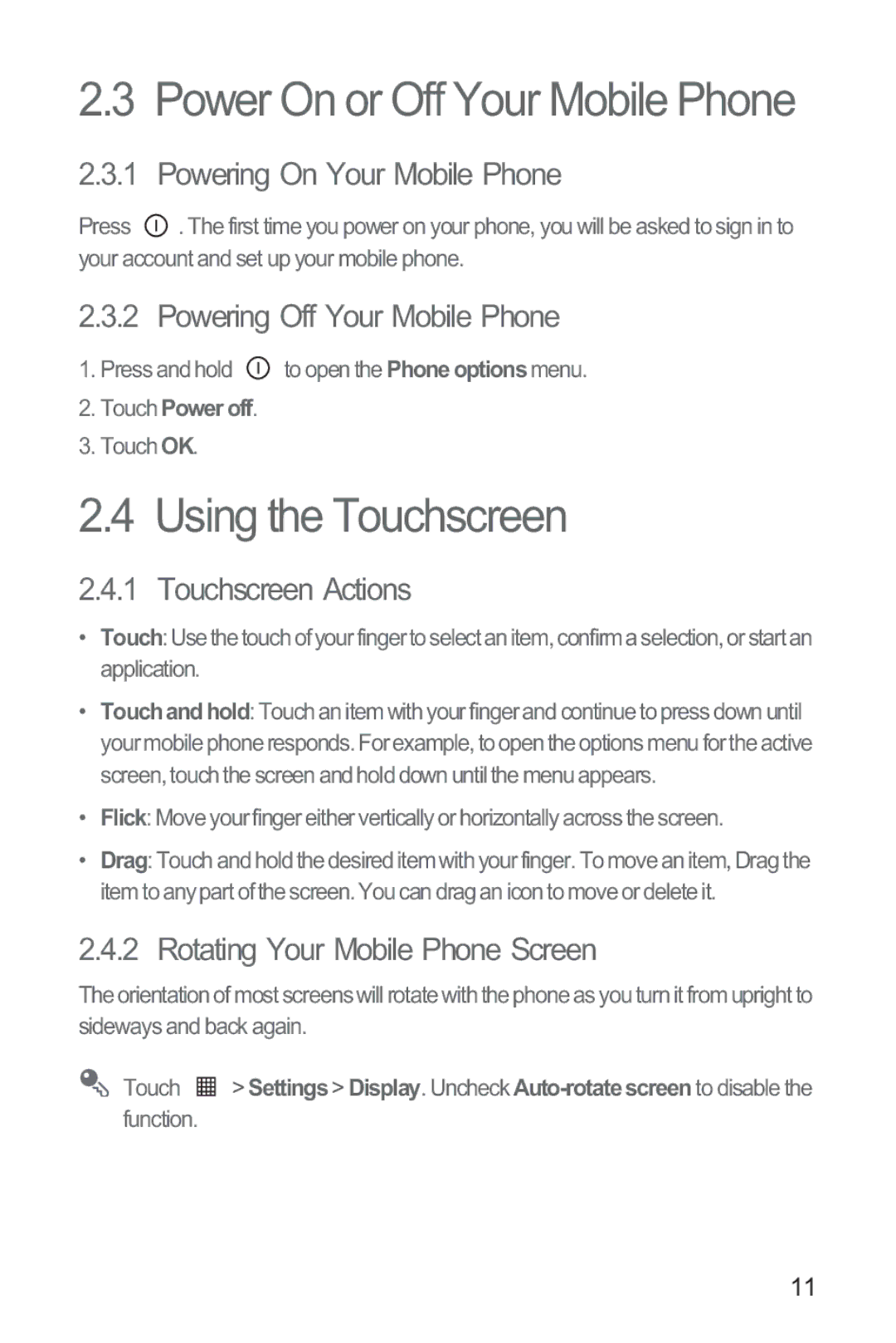 Huawei M835 manual Power On or Off Your Mobile Phone, Using the Touchscreen 