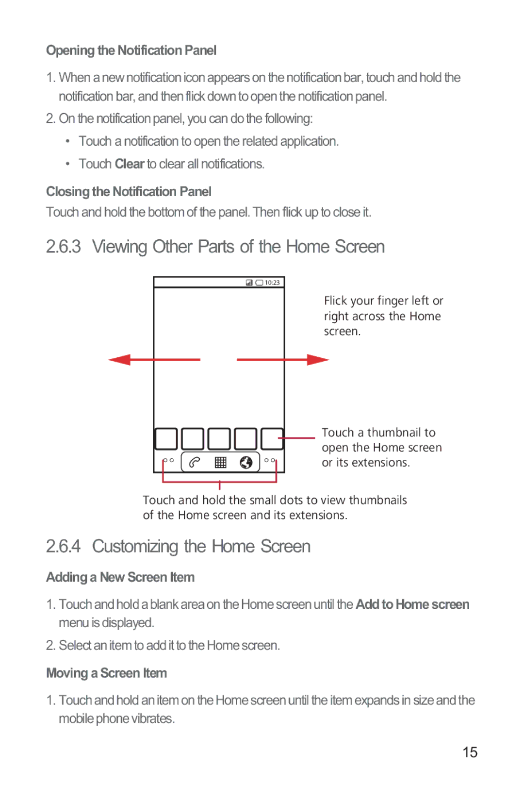 Huawei M835 manual Viewing Other Parts of the Home Screen, Customizing the Home Screen 