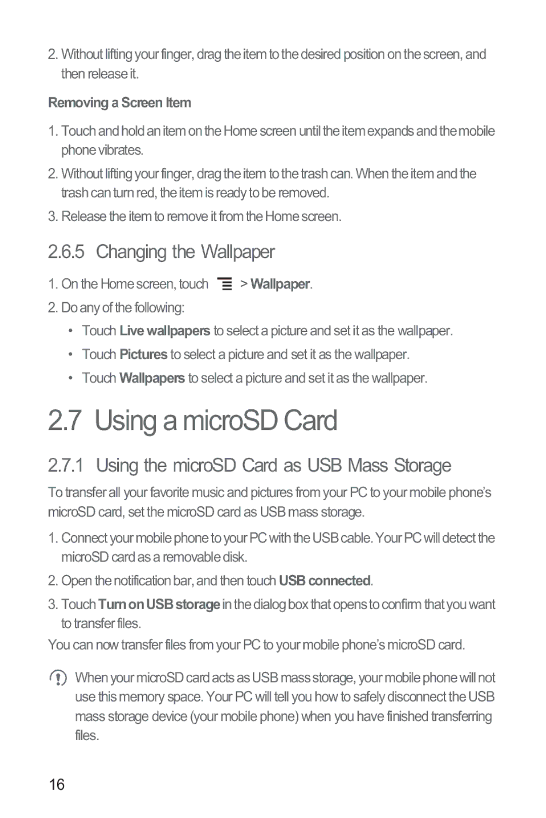 Huawei M835 manual Using a microSD Card, Changing the Wallpaper, Using the microSD Card as USB Mass Storage 