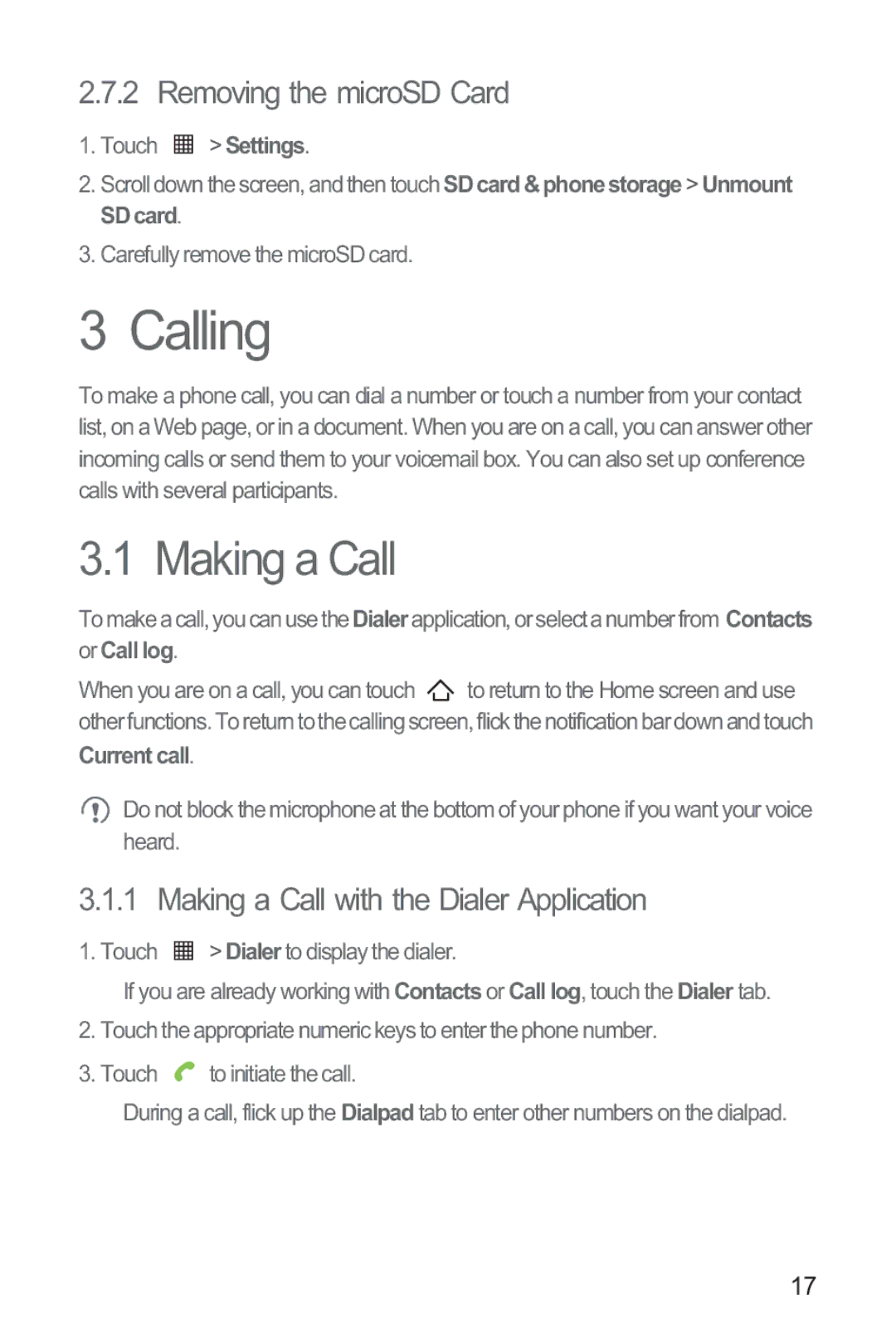 Huawei M835 manual Calling, Removing the microSD Card, Making a Call with the Dialer Application 