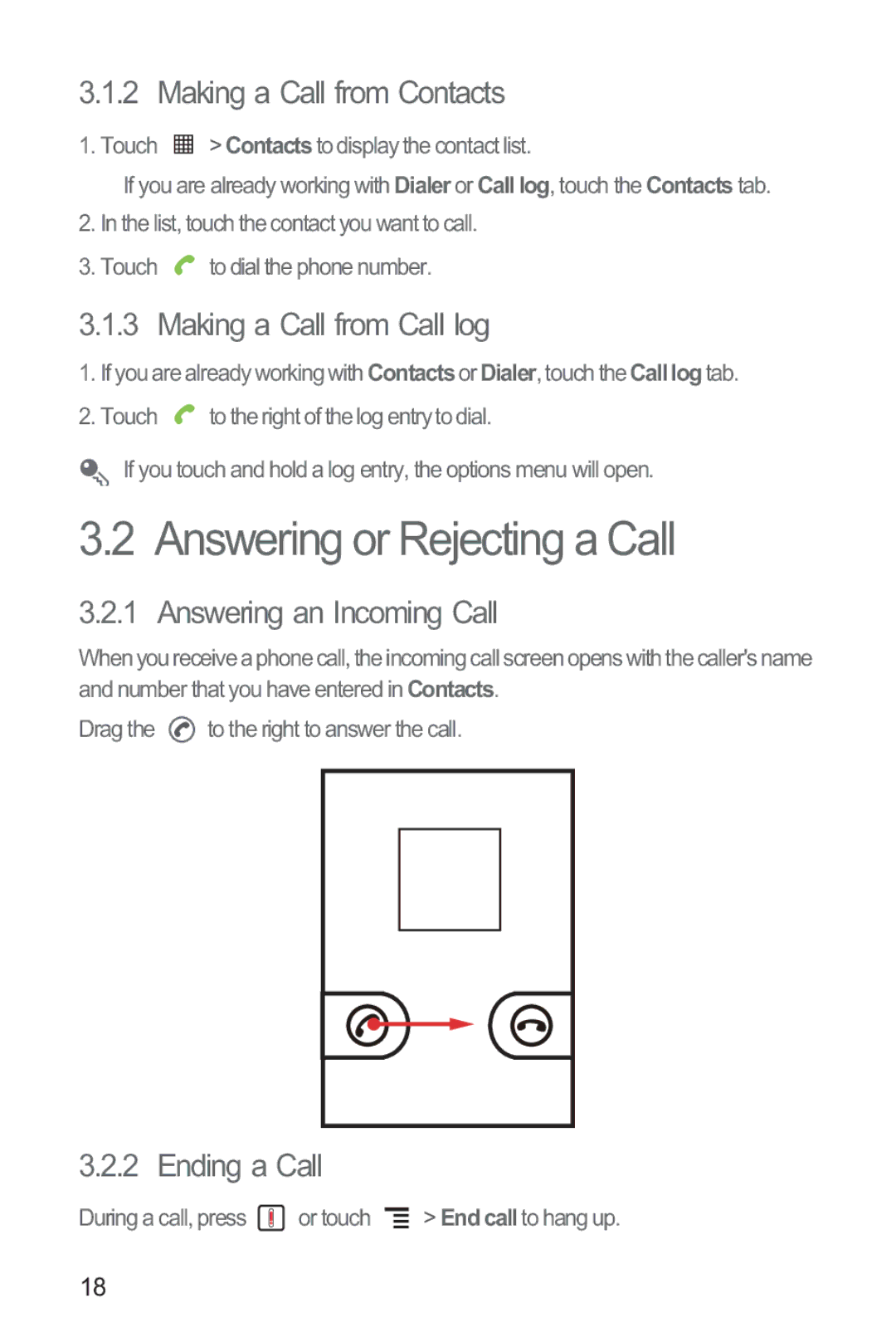 Huawei M835 manual Answering or Rejecting a Call, Making a Call from Contacts, Making a Call from Call log, Ending a Call 