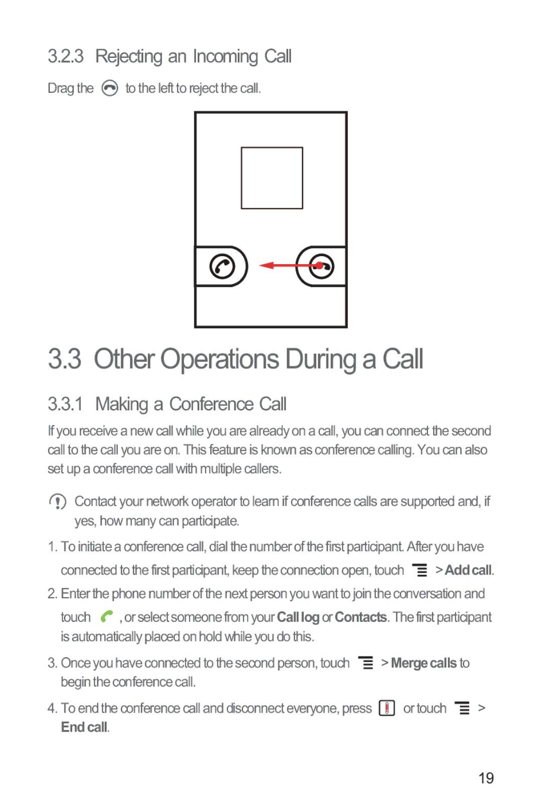 Huawei M835 manual Other Operations During a Call, Rejecting an Incoming Call, Making a Conference Call 