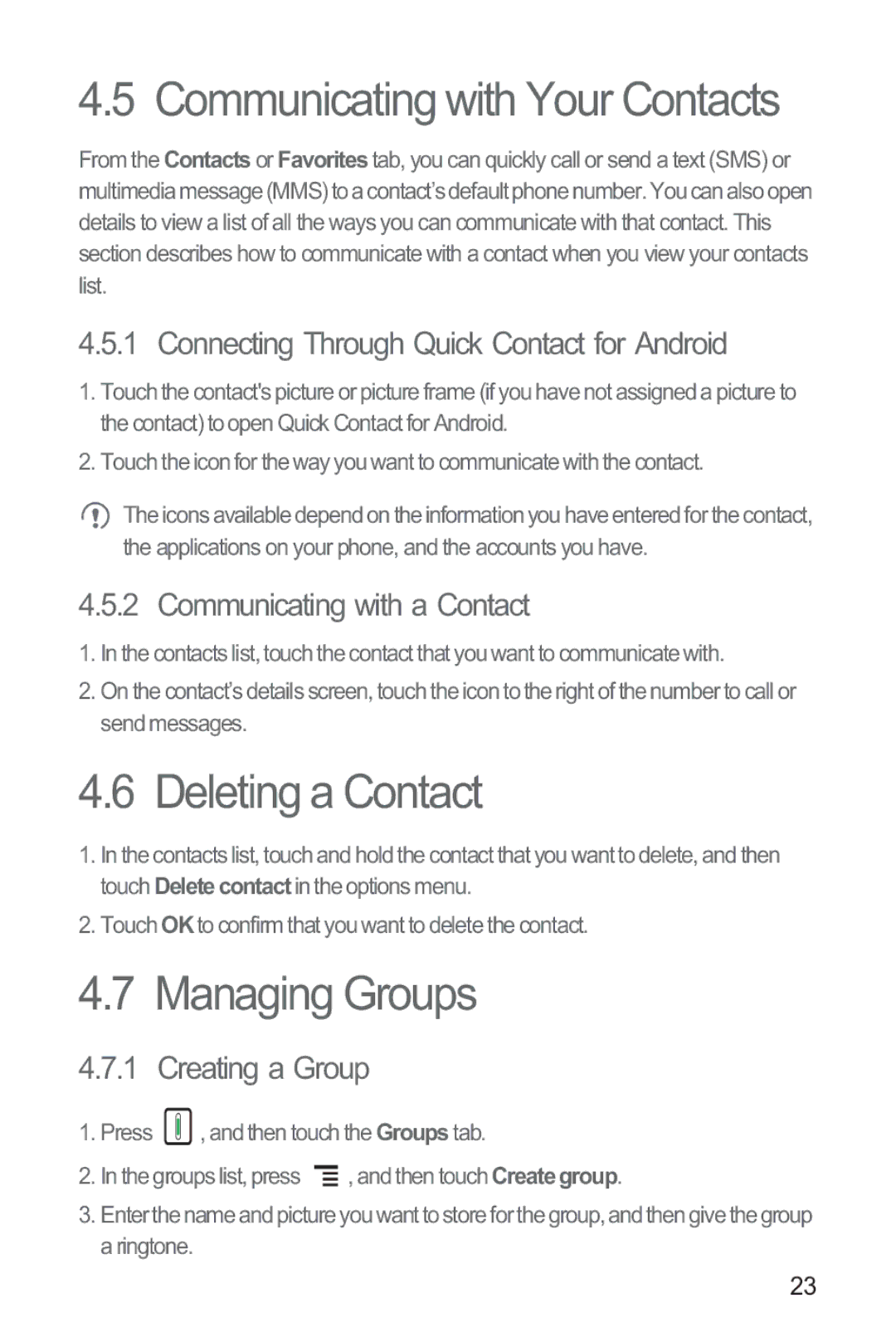 Huawei M835 manual Communicating with Your Contacts, Deleting a Contact, Managing Groups 