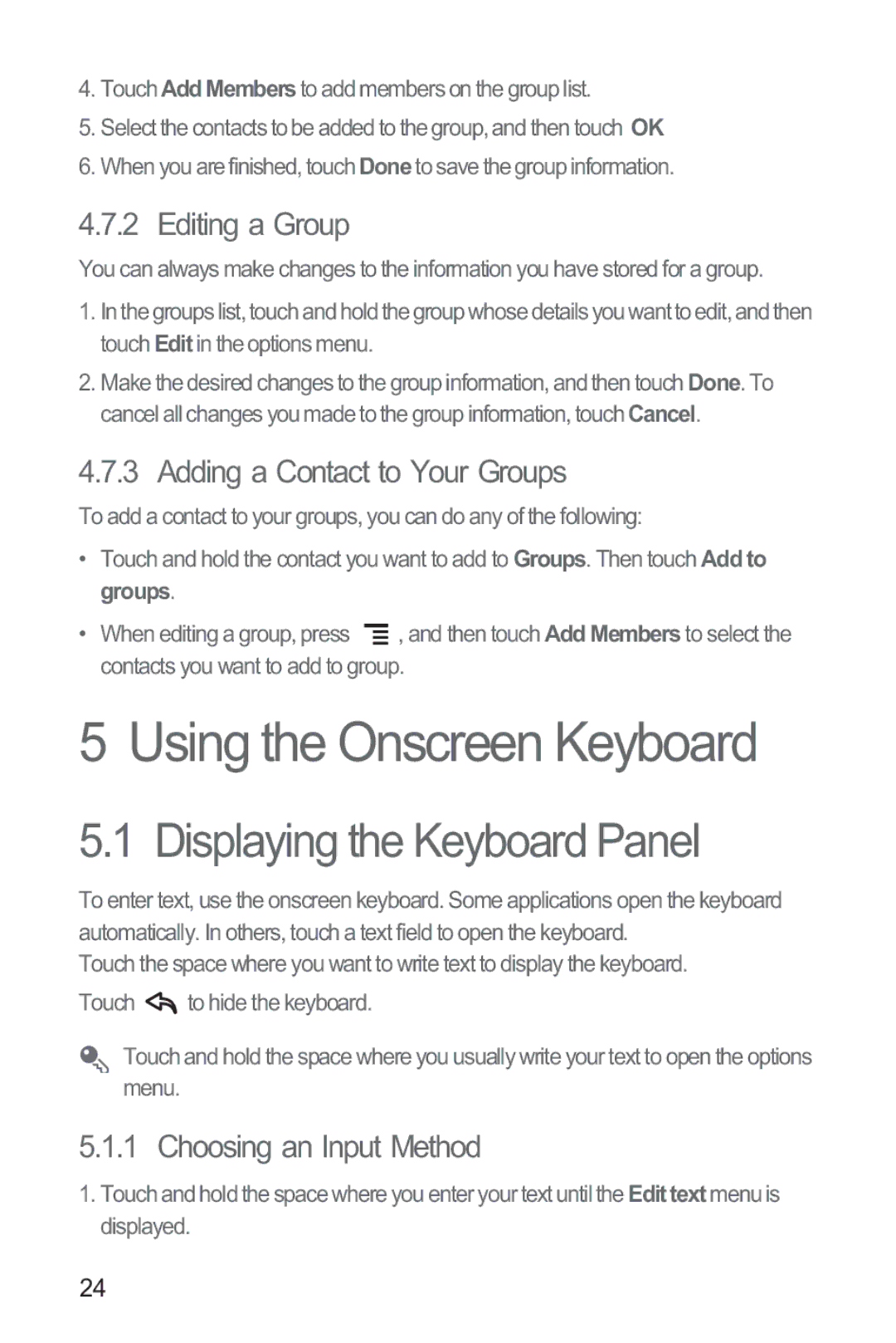 Huawei M835 Using the Onscreen Keyboard, Displaying the Keyboard Panel, Editing a Group, Adding a Contact to Your Groups 