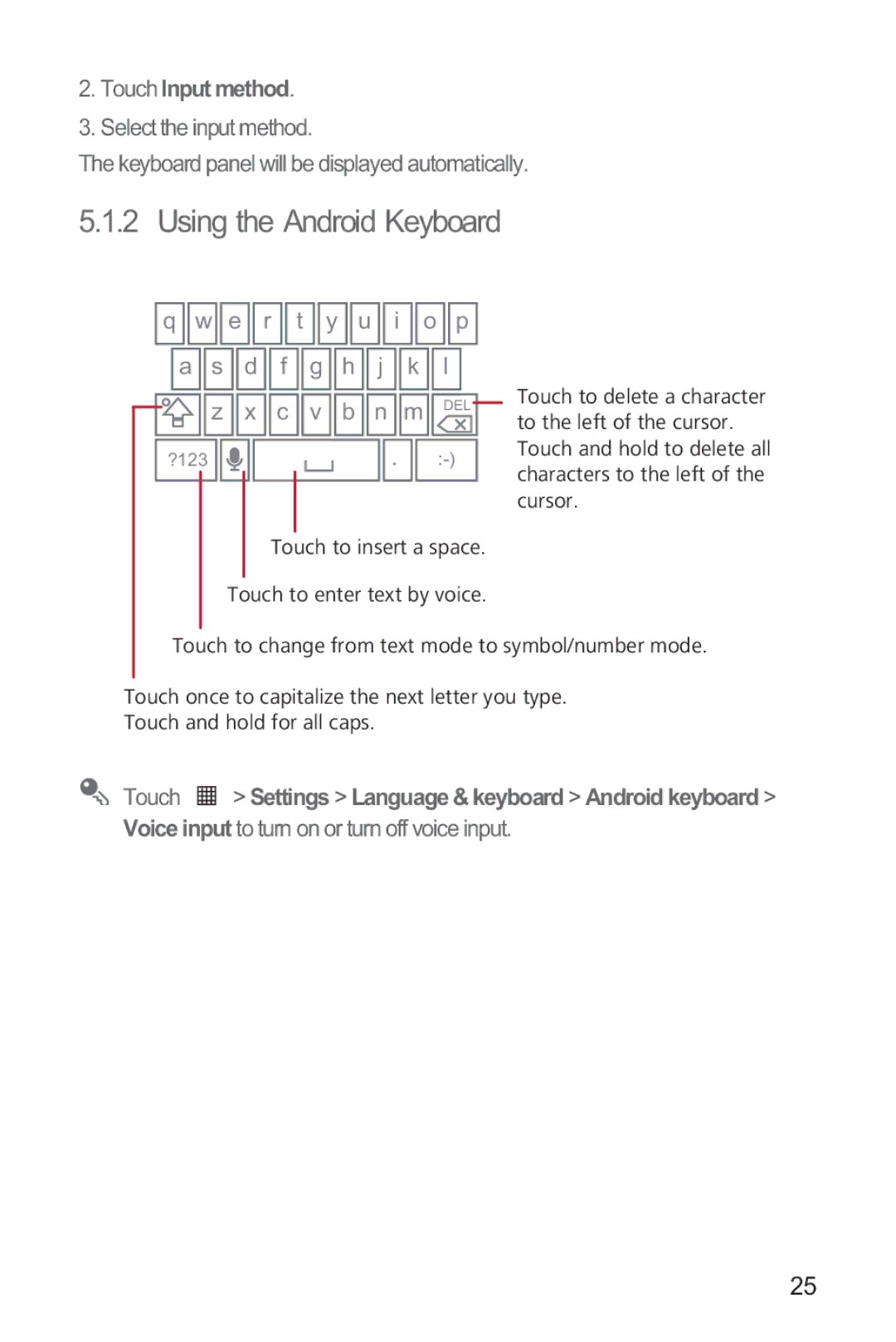 Huawei M835 manual Using the Android Keyboard, Touch Input method, Touch Settings Language & keyboard Android keyboard 