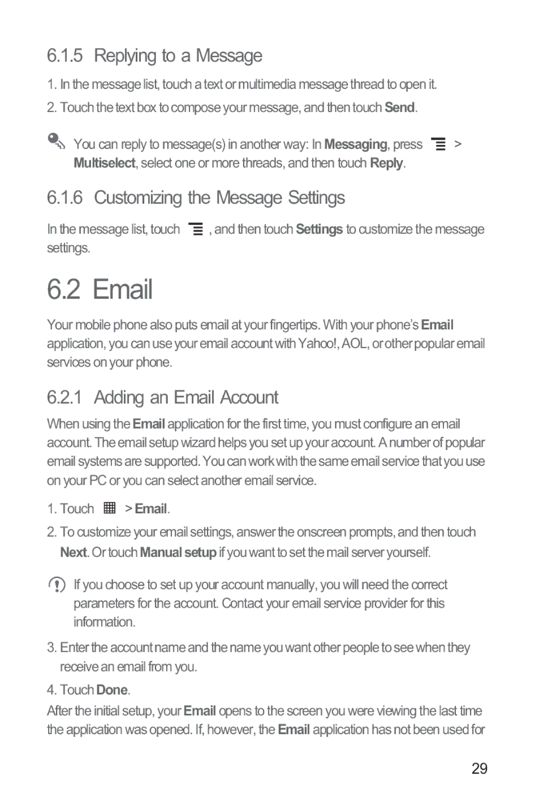 Huawei M835 manual Replying to a Message, Customizing the Message Settings, Adding an Email Account 