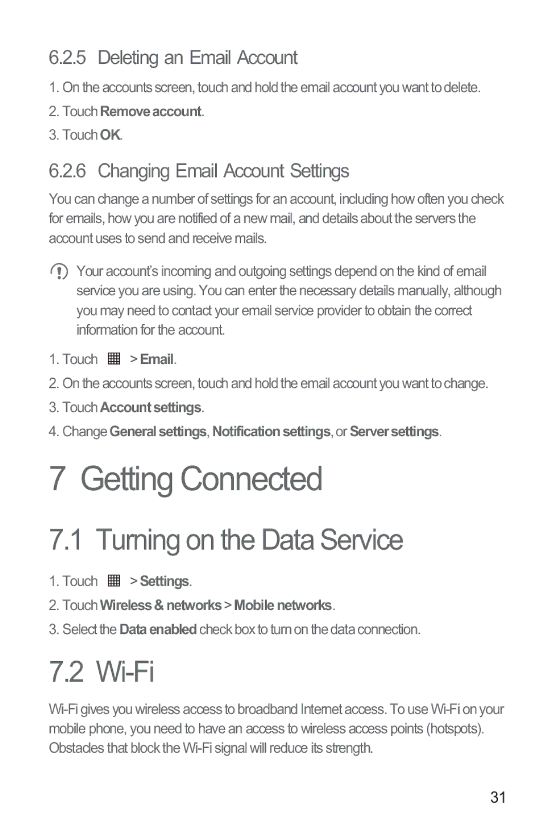 Huawei M835 manual Getting Connected, Turning on the Data Service, Wi-Fi, Deleting an Email Account 