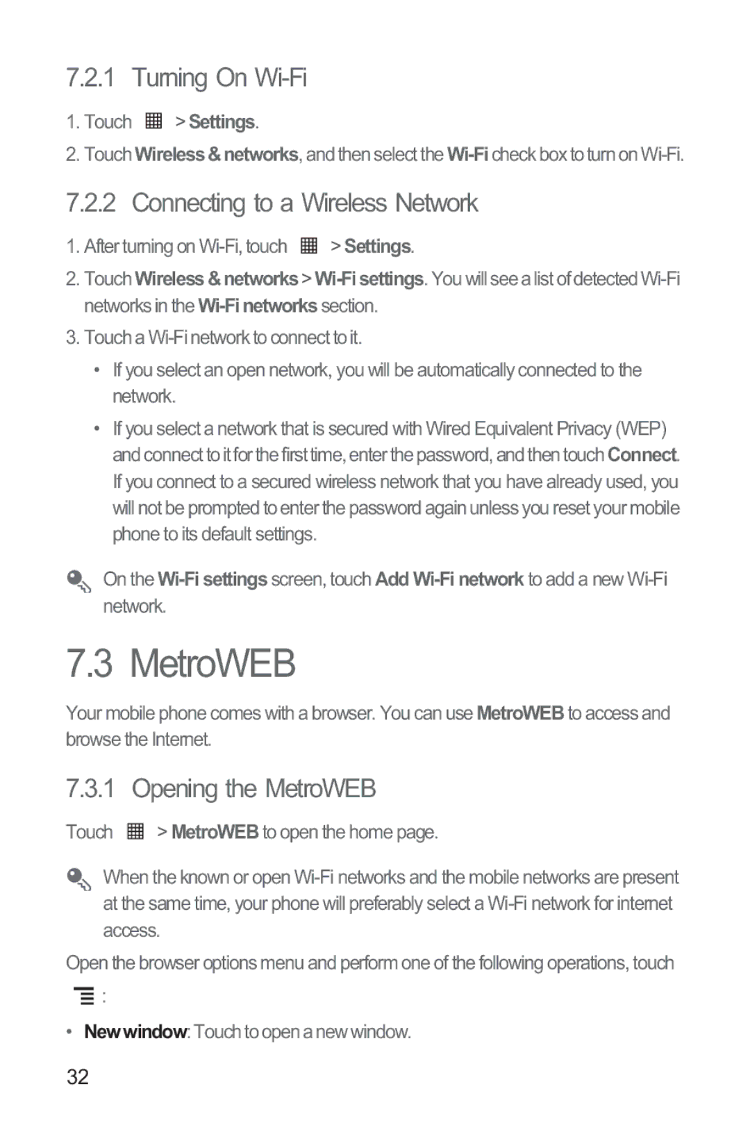 Huawei M835 manual Turning On Wi-Fi, Connecting to a Wireless Network, Opening the MetroWEB 