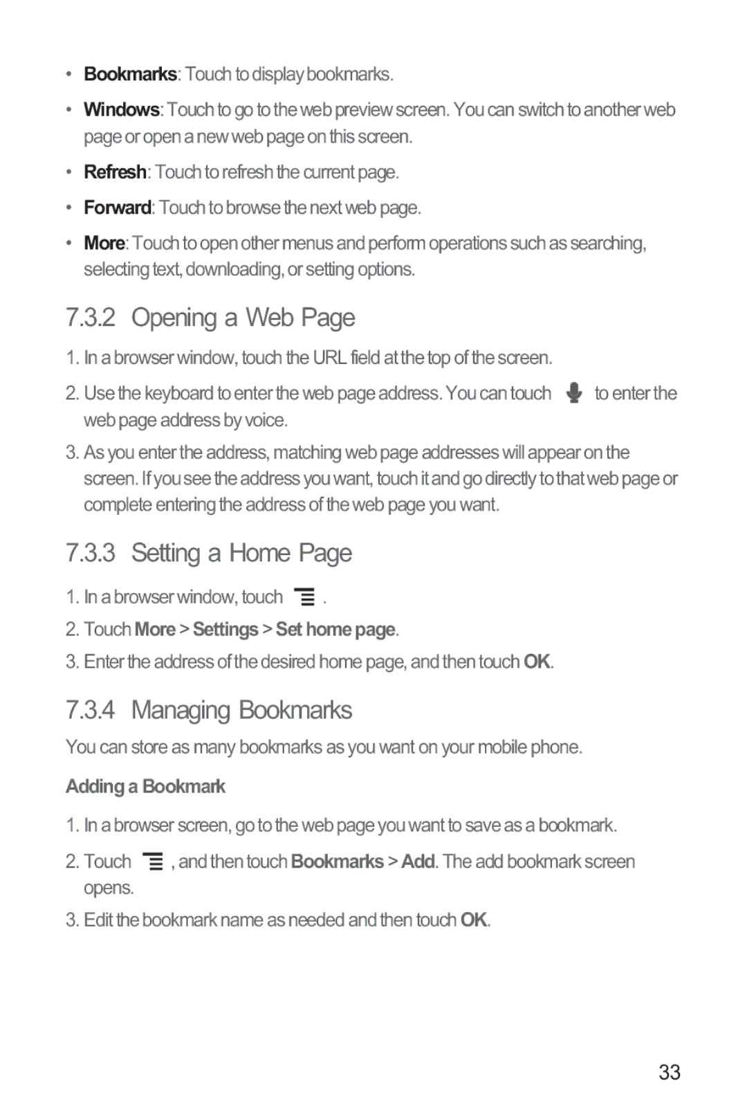 Huawei M835 manual Opening a Web, Setting a Home, Managing Bookmarks, Touch More Settings Set homepage, Adding a Bookmark 