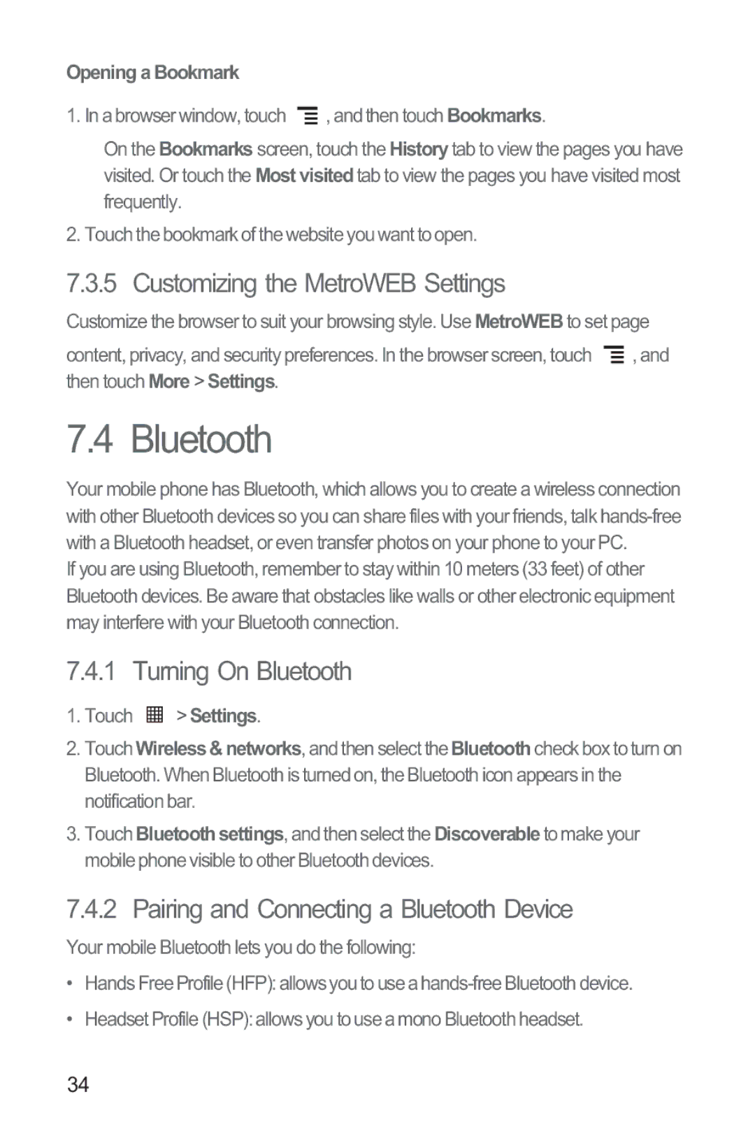 Huawei M835 manual Customizing the MetroWEB Settings, Turning On Bluetooth, Pairing and Connecting a Bluetooth Device 