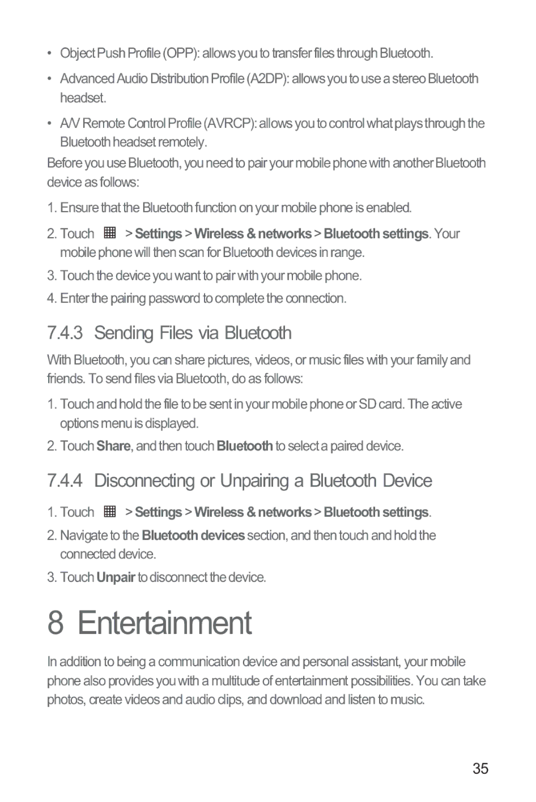 Huawei M835 manual Entertainment, Sending Files via Bluetooth, Disconnecting or Unpairing a Bluetooth Device 