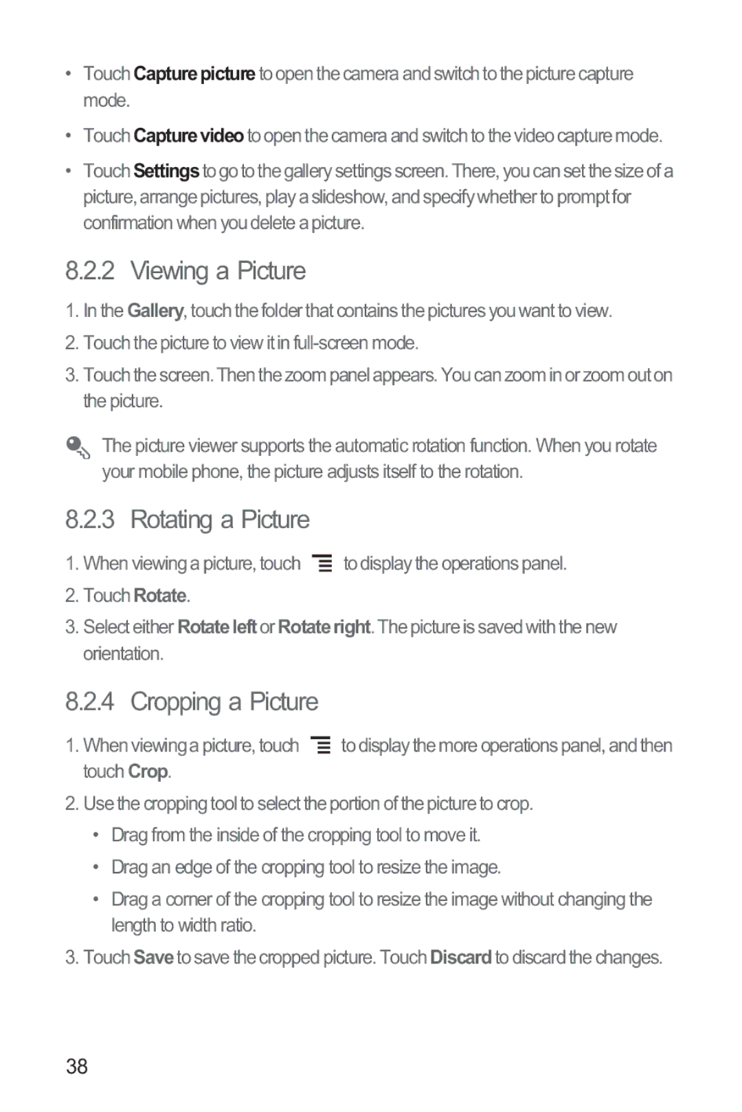 Huawei M835 manual Viewing a Picture, Rotating a Picture, Cropping a Picture 