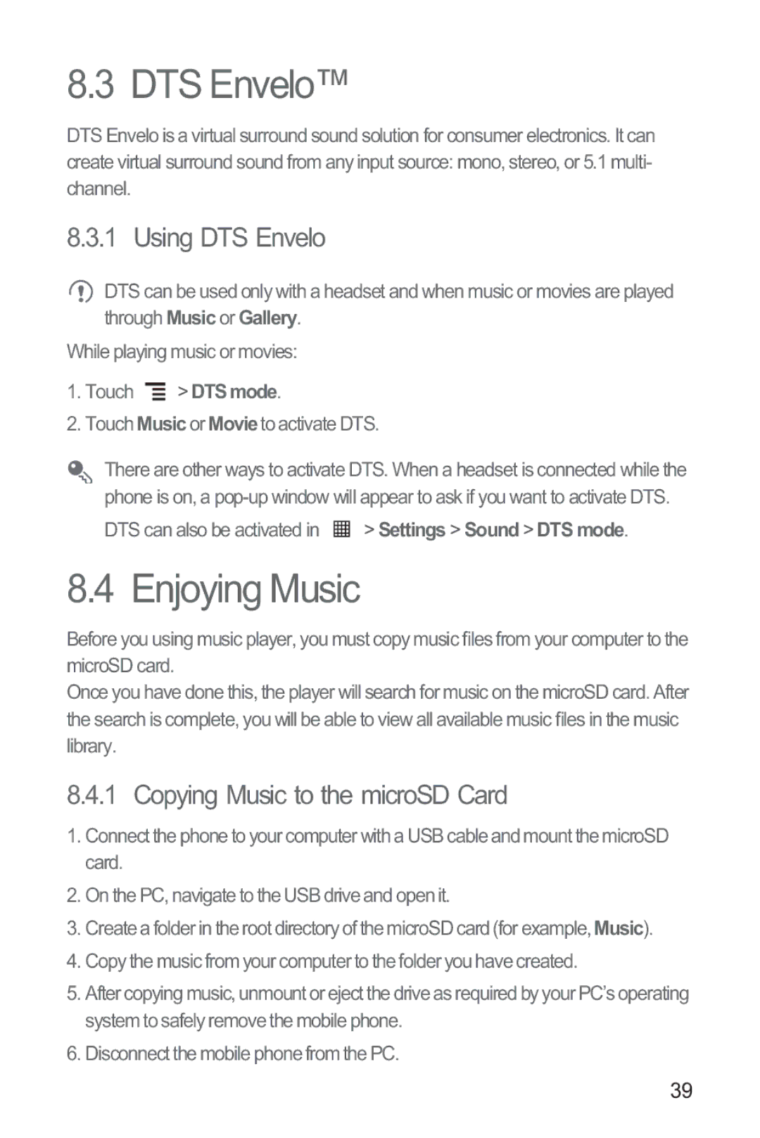 Huawei M835 manual Enjoying Music, Using DTS Envelo, Copying Music to the microSD Card 