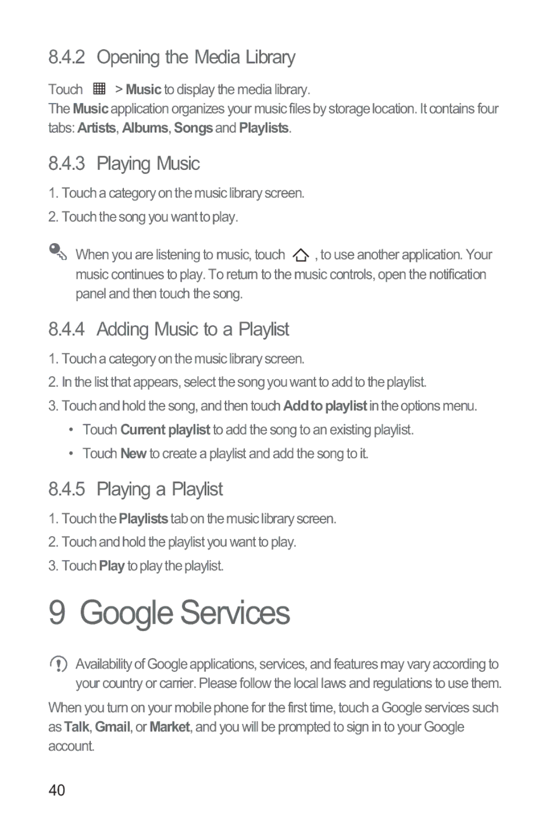 Huawei M835 manual Google Services, Playing Music, Adding Music to a Playlist, Playing a Playlist 