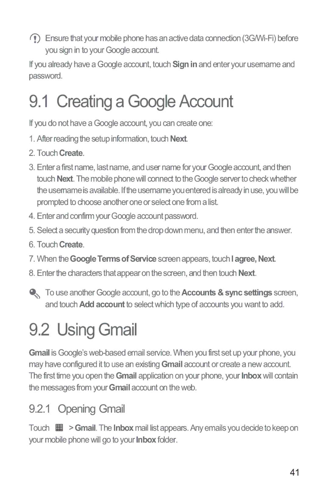 Huawei M835 manual Creating a Google Account, Using Gmail, Opening Gmail 