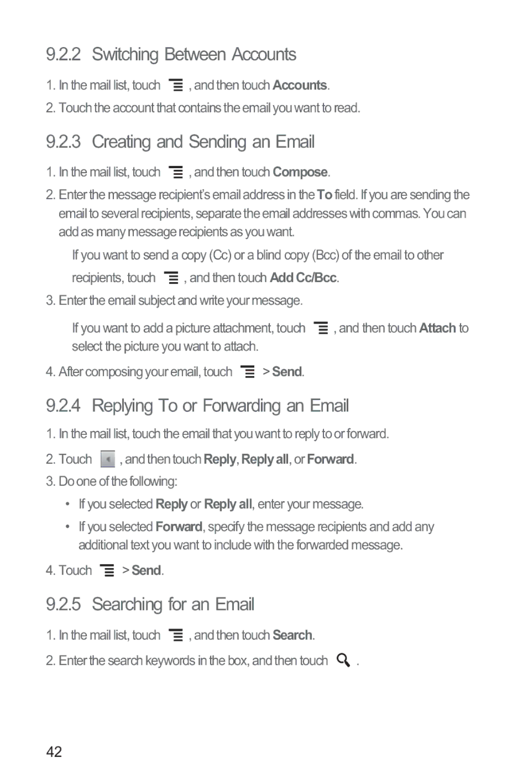 Huawei M835 manual Switching Between Accounts, Creating and Sending an Email, Replying To or Forwarding an Email 