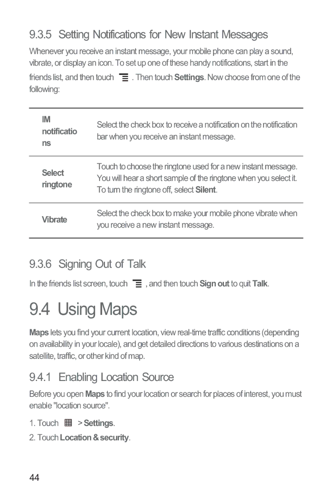 Huawei M835 Using Maps, Setting Notifications for New Instant Messages, Signing Out of Talk, Enabling Location Source 