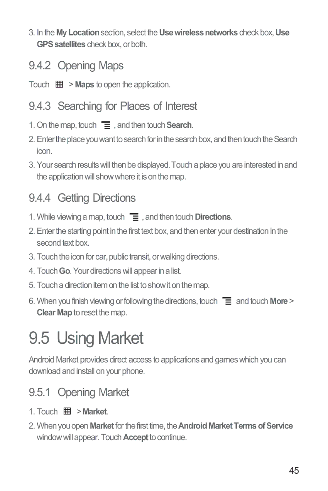 Huawei M835 manual Using Market, Opening Maps, Searching for Places of Interest, Getting Directions, Opening Market 