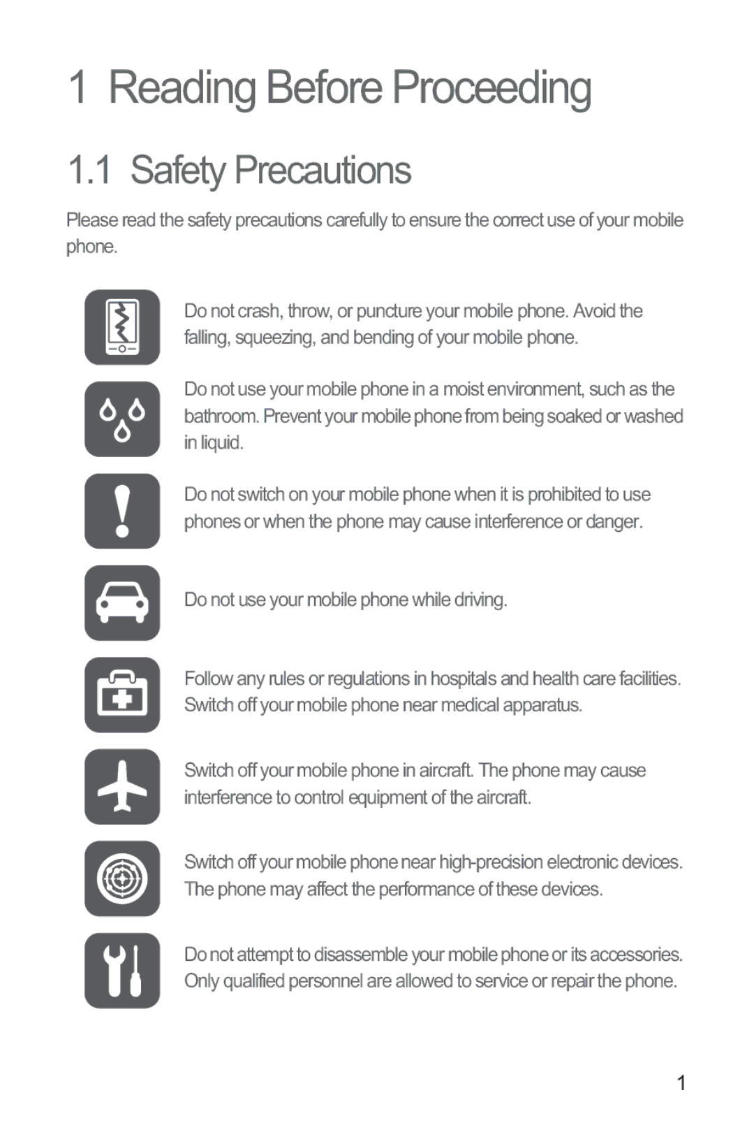 Huawei M835 manual Reading Before Proceeding, Safety Precautions 