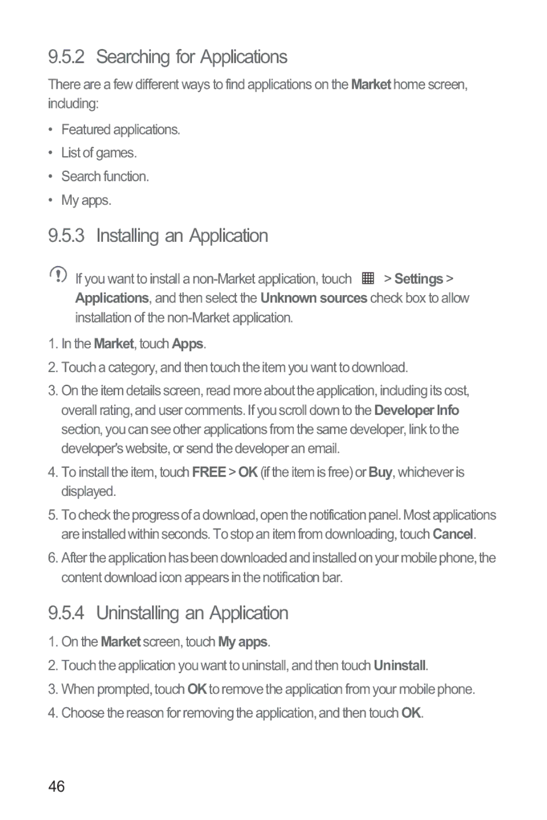 Huawei M835 manual Searching for Applications, Installing an Application, Uninstalling an Application 