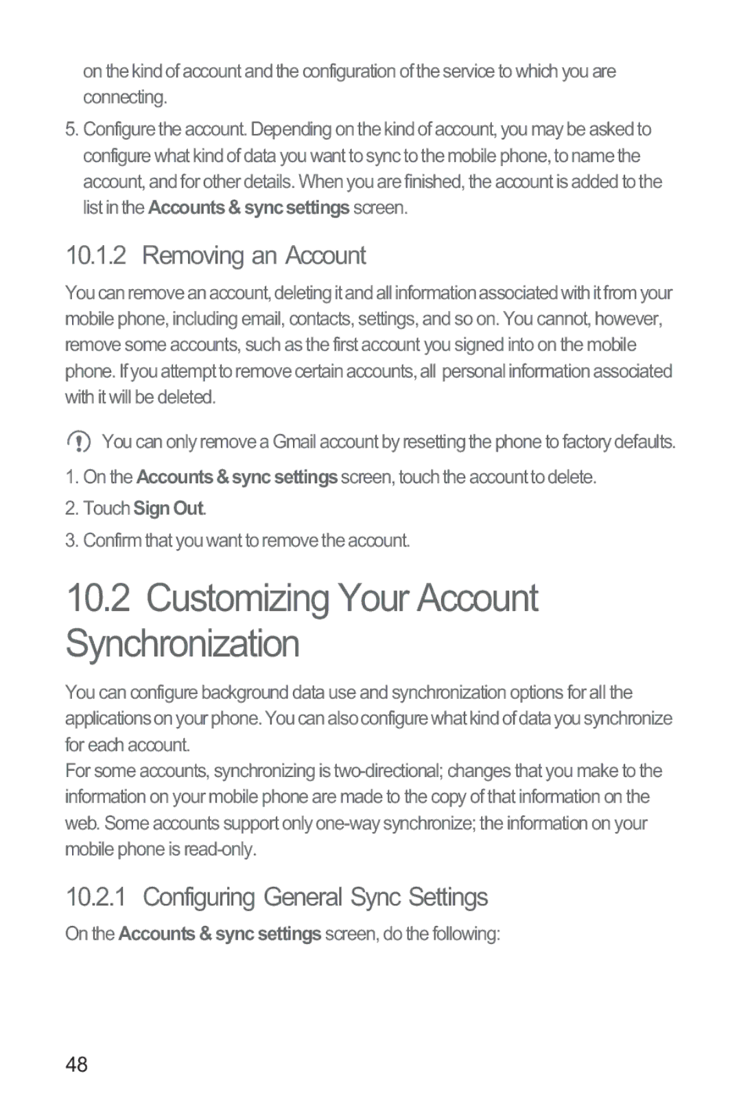 Huawei M835 manual Customizing Your Account Synchronization, Removing an Account, Configuring General Sync Settings 