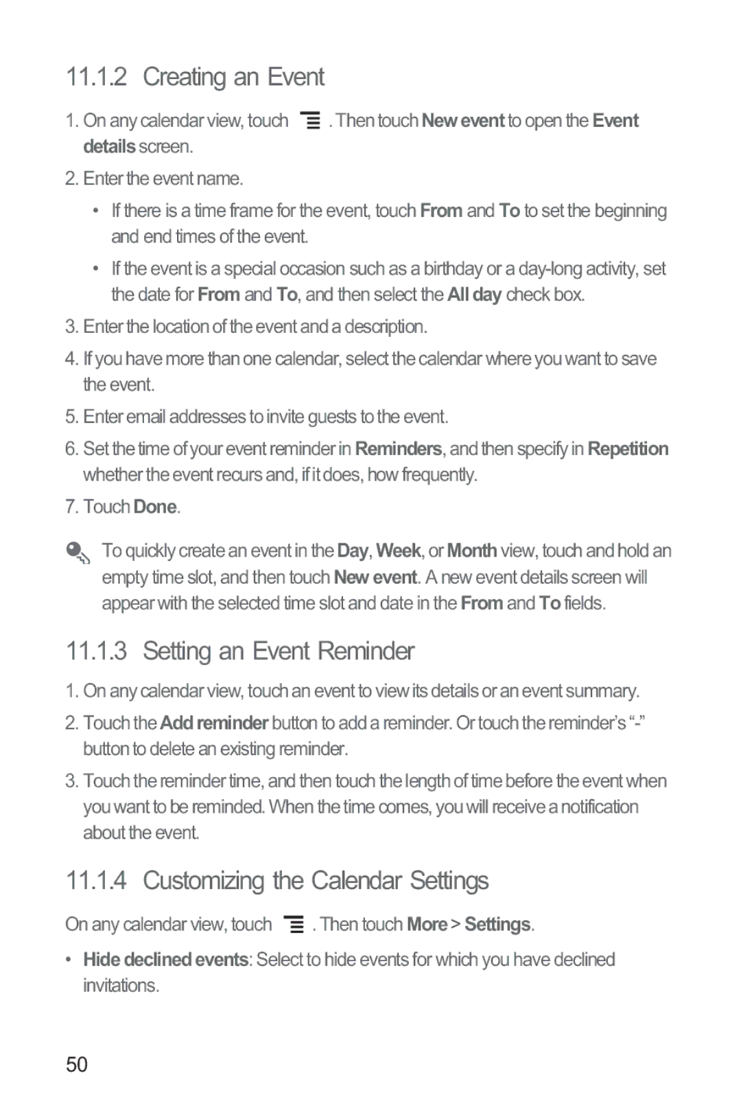 Huawei M835 manual Creating an Event, Setting an Event Reminder, Customizing the Calendar Settings 