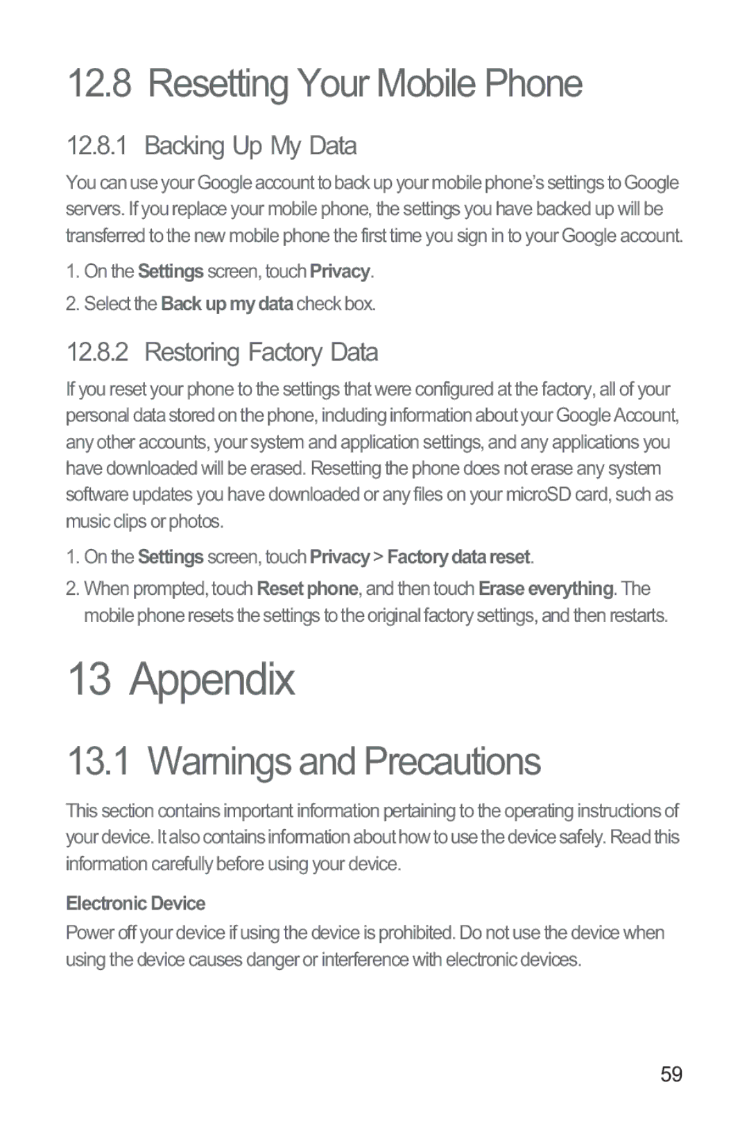 Huawei M835 manual Appendix, Resetting Your Mobile Phone, Backing Up My Data, Restoring Factory Data 