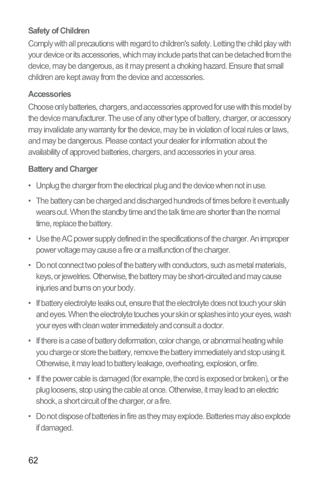 Huawei M835 manual Safety of Children, Accessories, Battery and Charger 