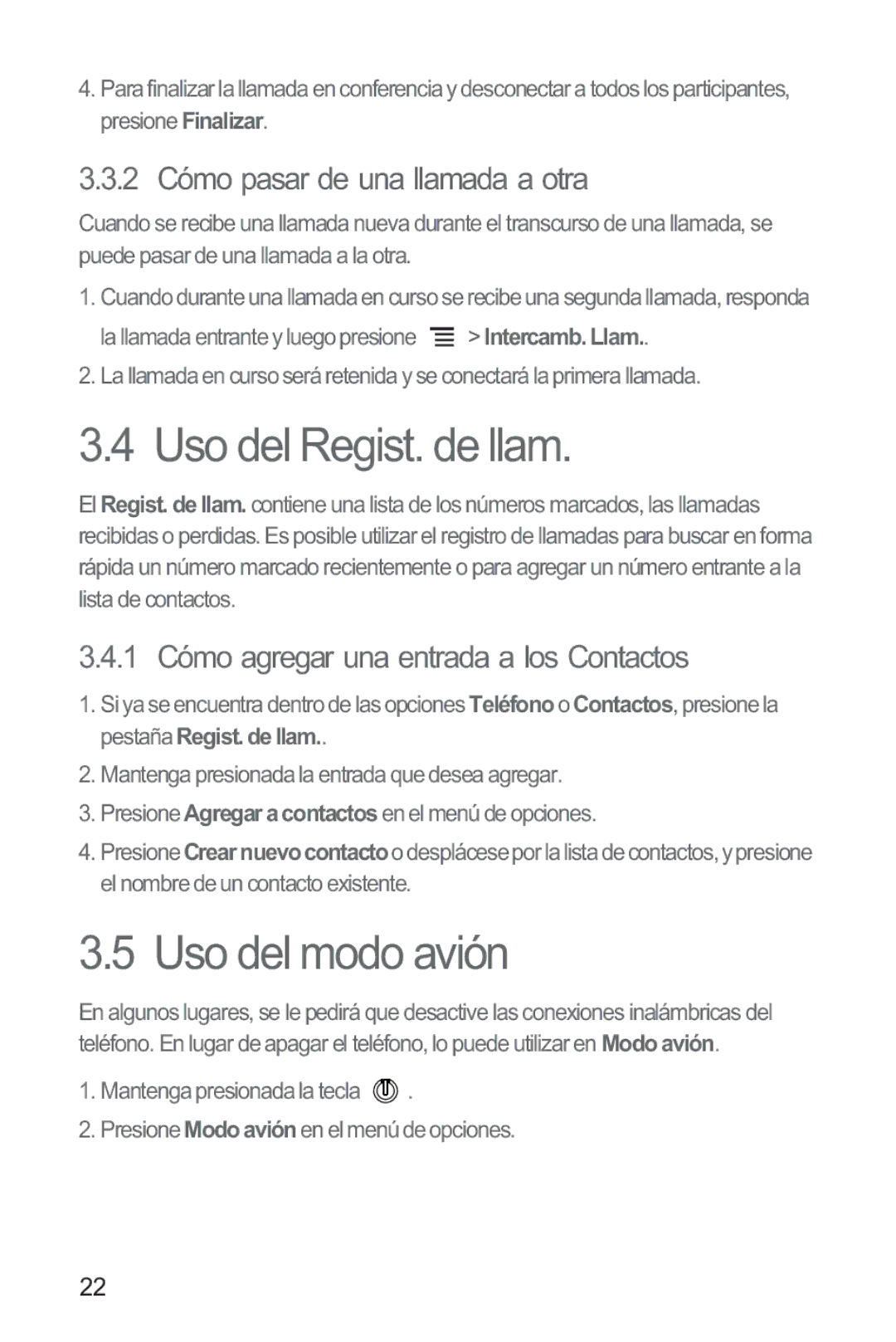 Huawei M865 manual Uso del Regist. de llam, Uso del modo avión, 2 Cómo pasar de una llamada a otra 