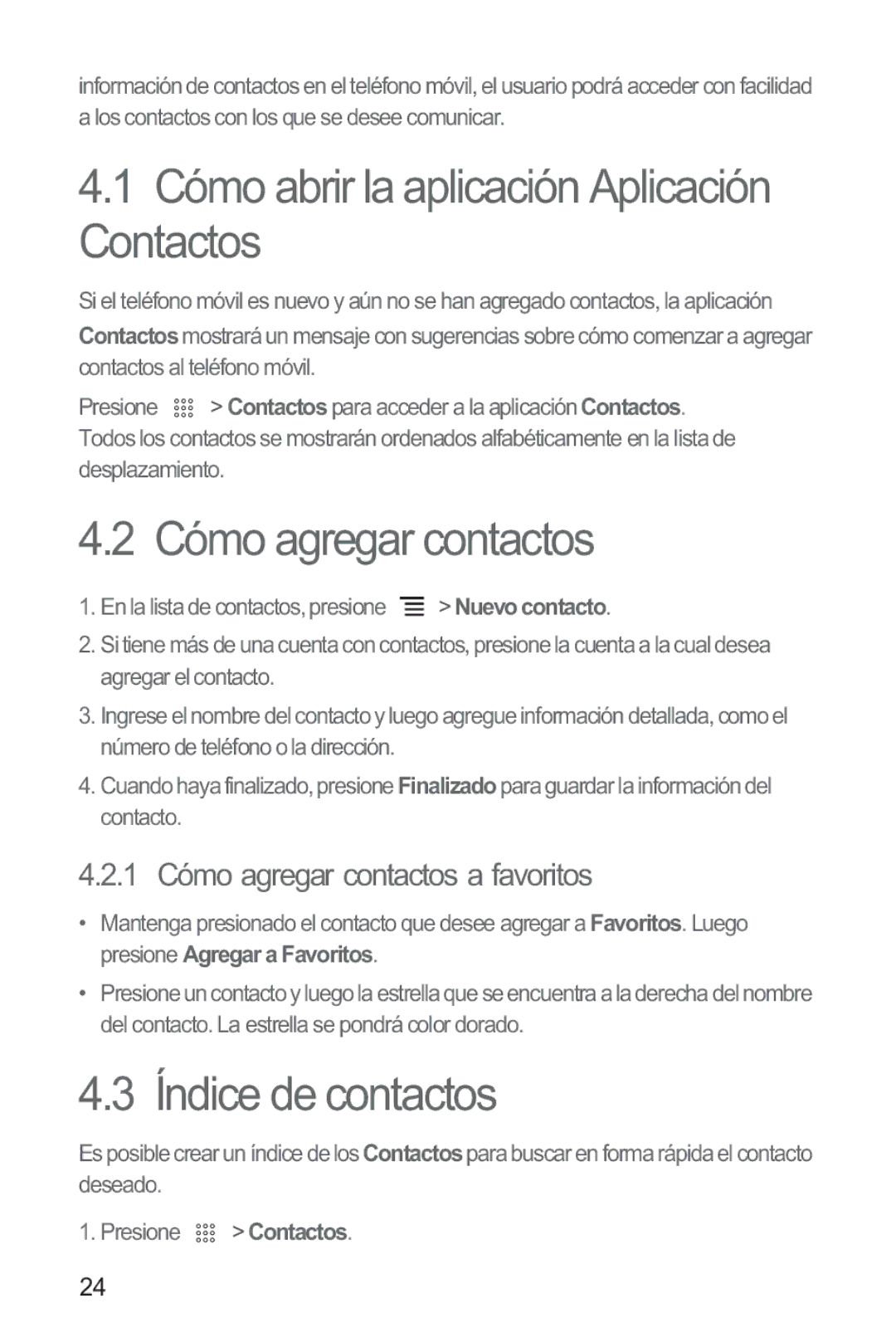 Huawei M865 manual Cómo abrir la aplicación Aplicación Contactos, Cómo agregar contactos, Índice de contactos 