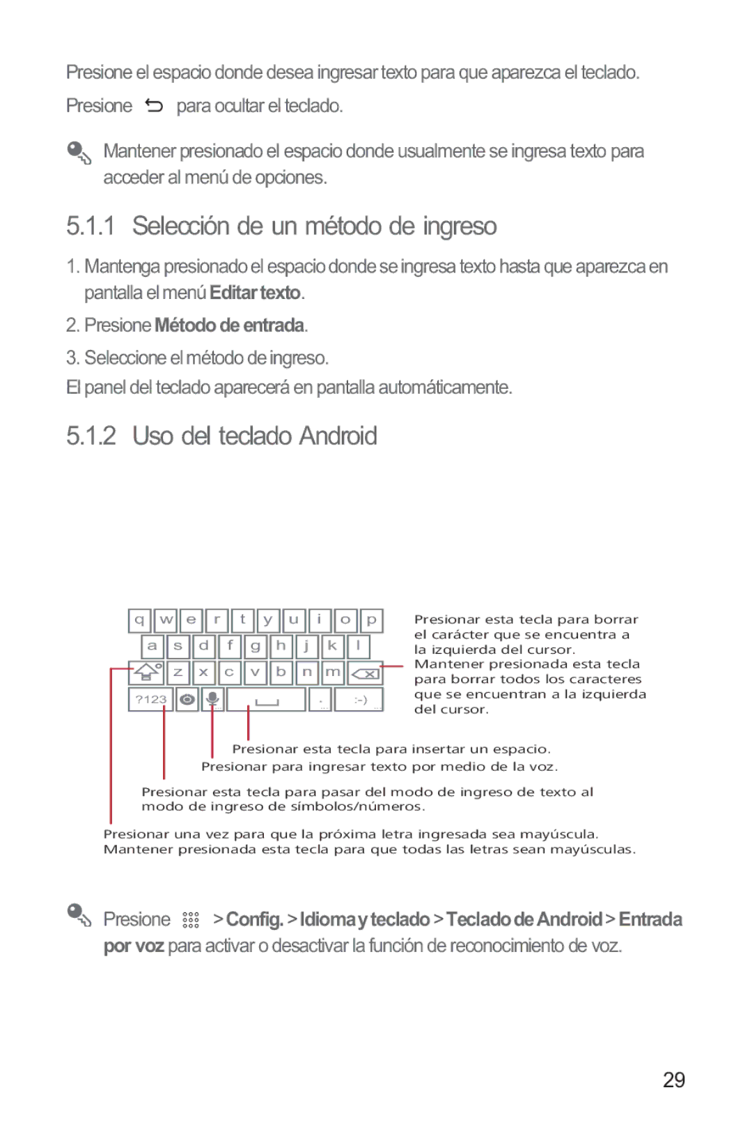 Huawei M865 manual Selección de un método de ingreso, Uso del teclado Android, Presione Método de entrada 