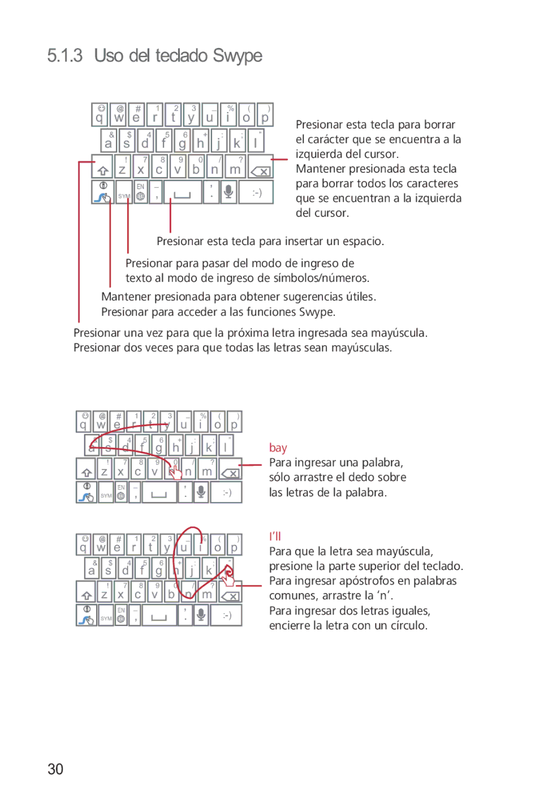 Huawei M865 manual Uso del teclado Swype, C v b n m 