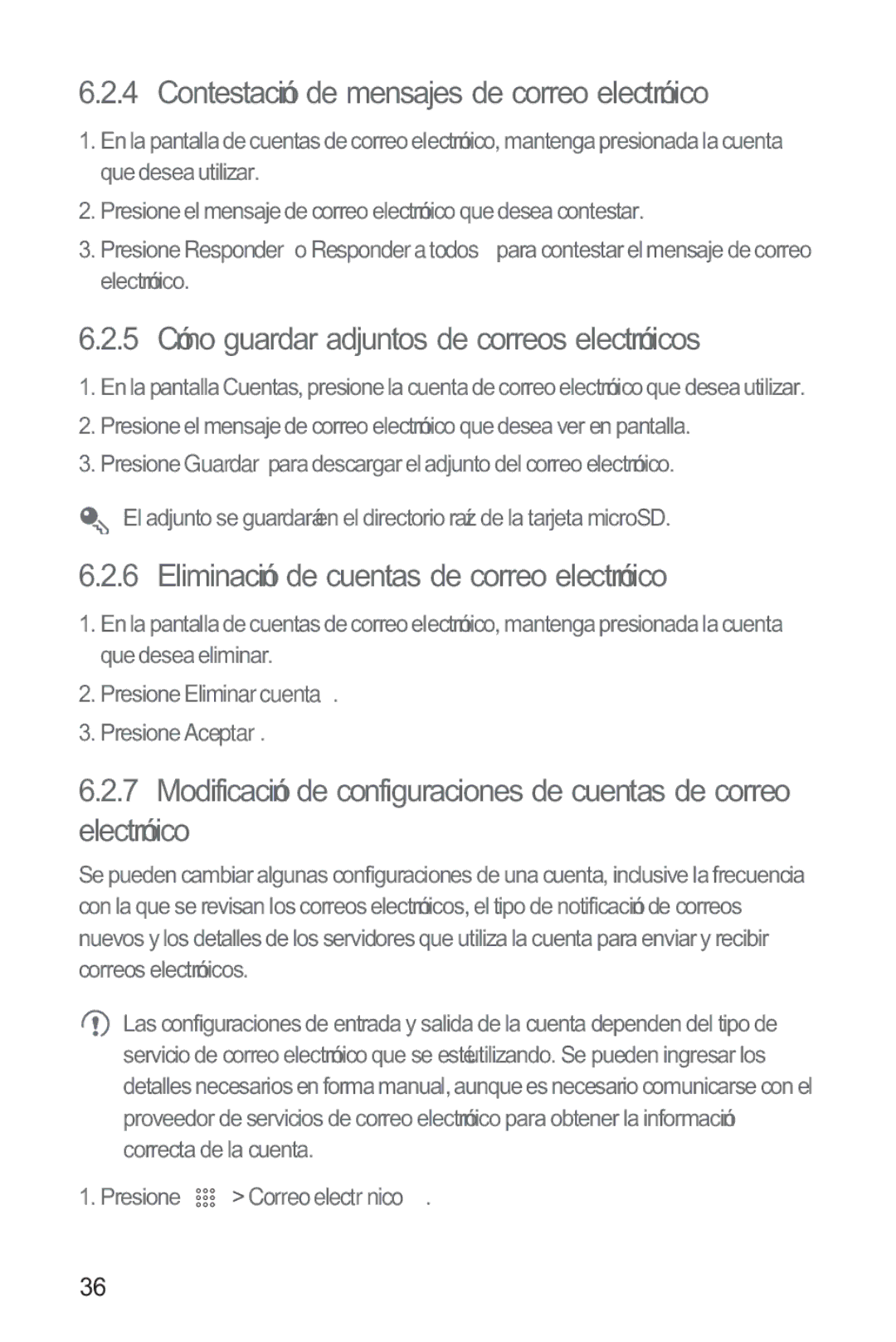 Huawei M865 manual Contestación de mensajes de correo electrónico, 5 Cómo guardar adjuntos de correos electrónicos 