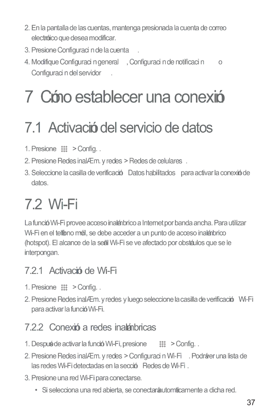 Huawei M865 manual Activación del servicio de datos, Activación de Wi-Fi, Conexión a redes inalámbricas 