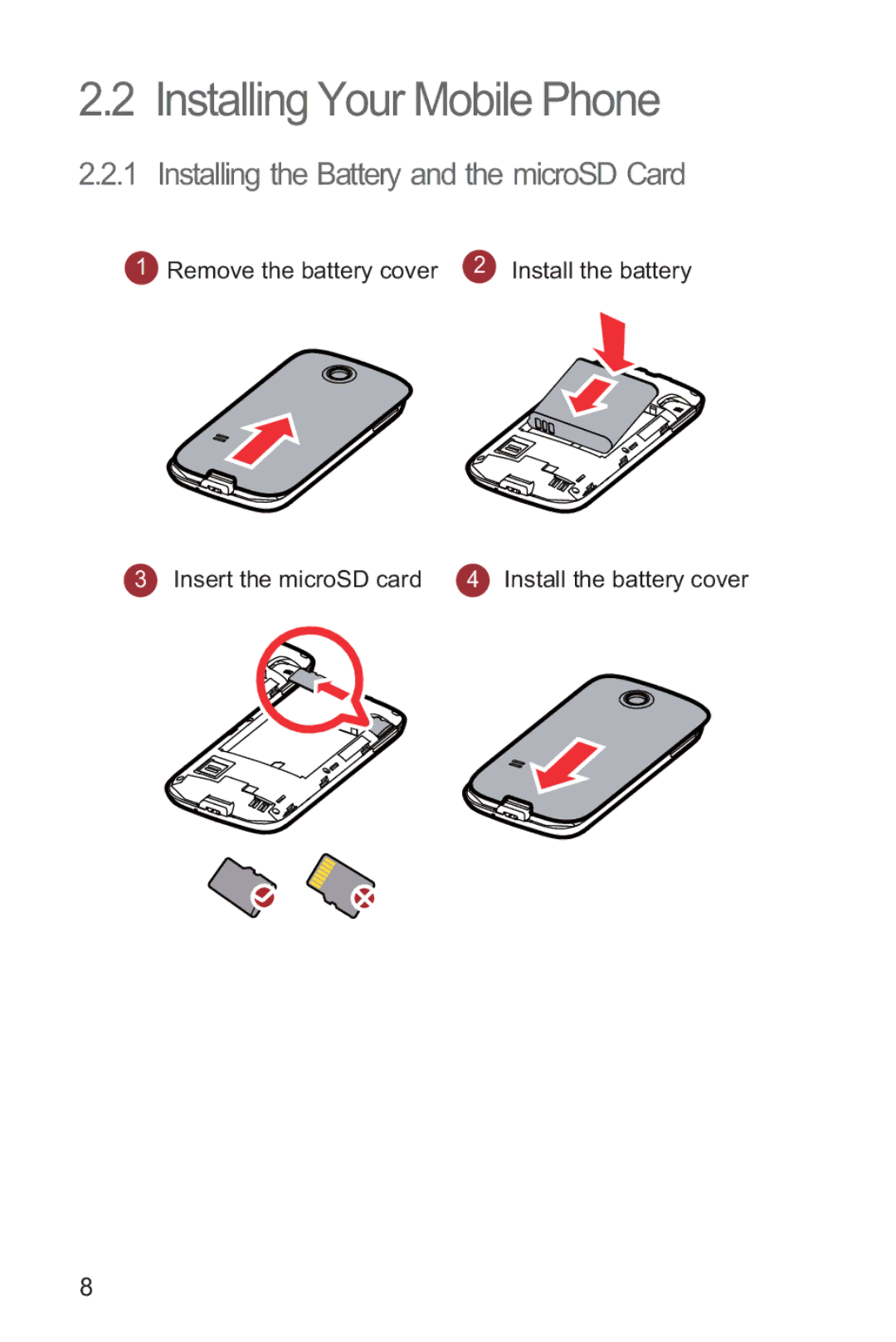 Huawei M865 manual Installing Your Mobile Phone, Installing the Battery and the microSD Card 