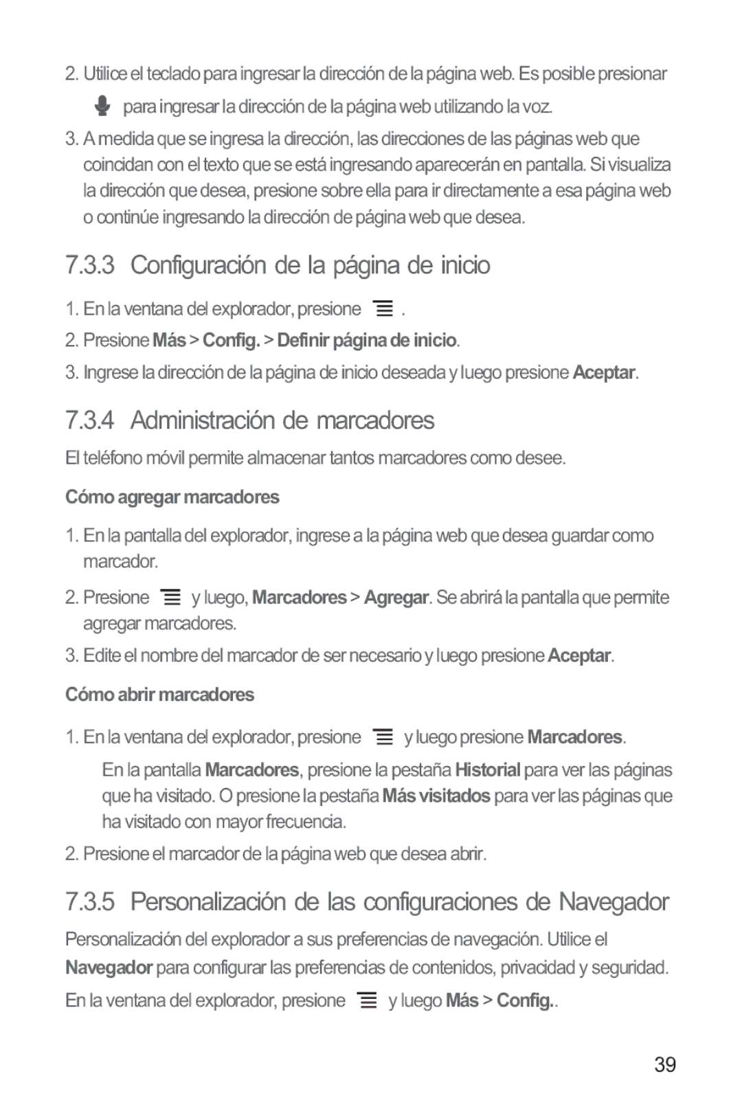 Huawei M865 manual Configuración de la página de inicio, Administración de marcadores, Cómo agregar marcadores 