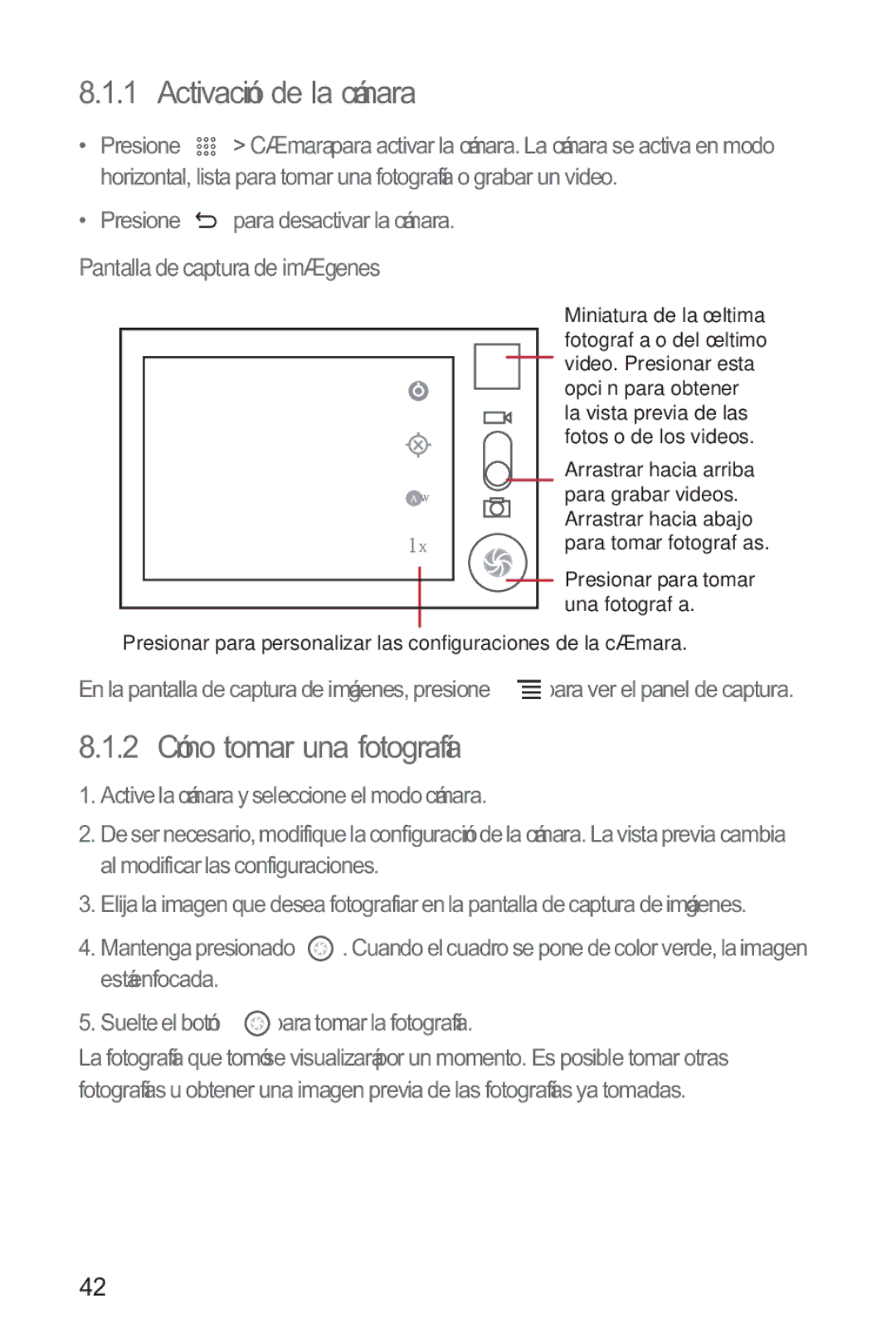 Huawei M865 manual Activación de la cámara, 2 Cómo tomar una fotografía, Pantalla de captura de imágenes 