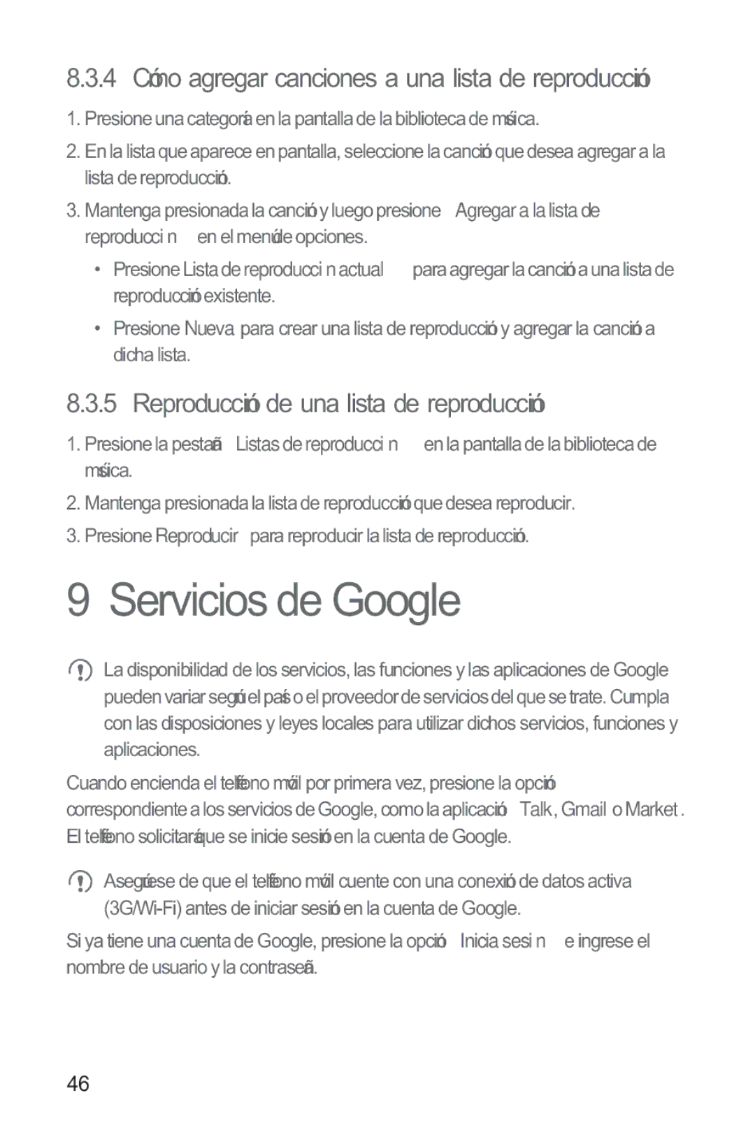 Huawei M865 manual Servicios de Google, Reproducción de una lista de reproducción 