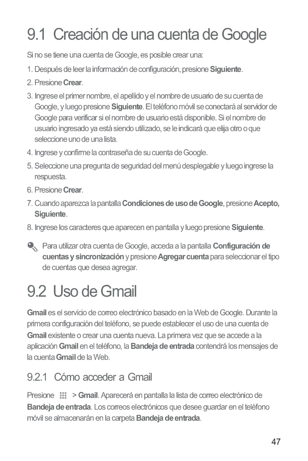 Huawei M865 manual Creación de una cuenta de Google, Uso de Gmail, 1 Cómo acceder a Gmail 