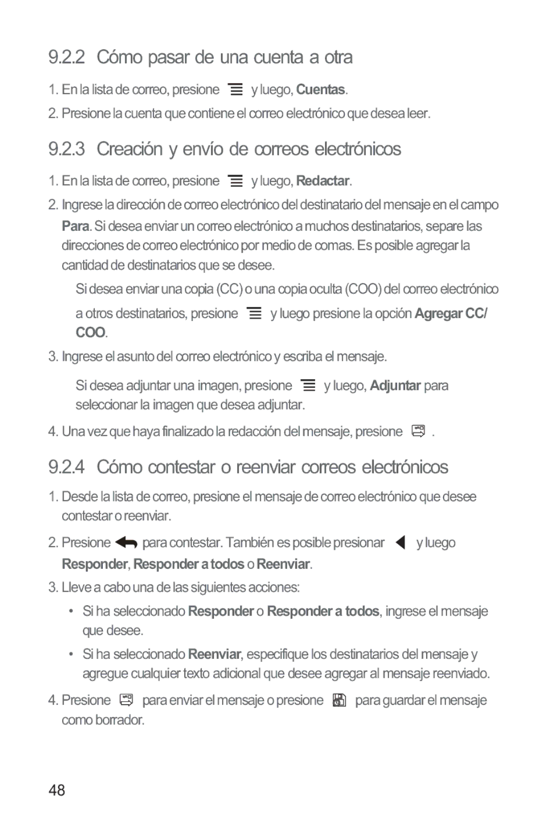 Huawei M865 manual 2 Cómo pasar de una cuenta a otra, 4 Cómo contestar o reenviar correos electrónicos 