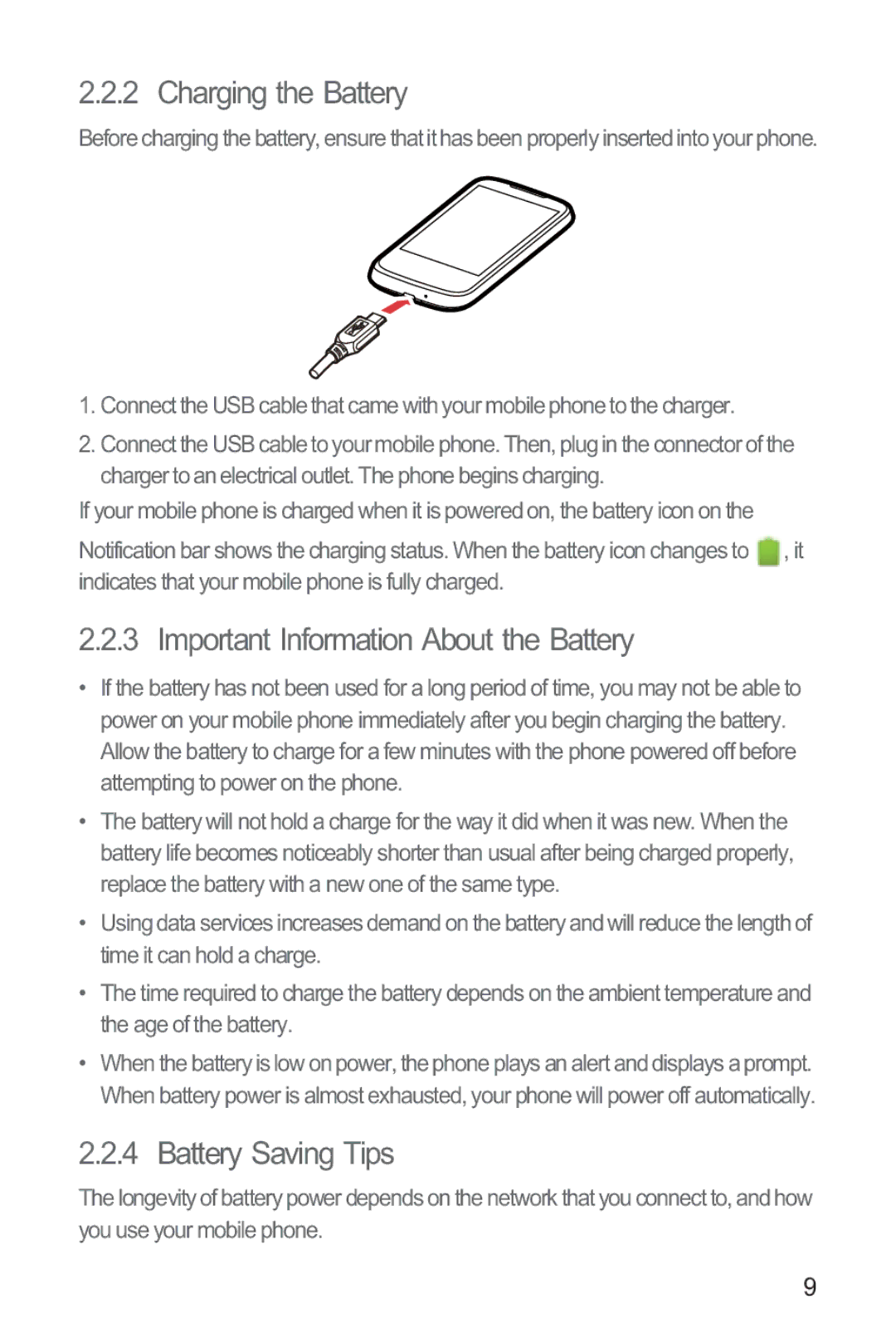 Huawei M865 manual Charging the Battery, Important Information About the Battery, Battery Saving Tips 