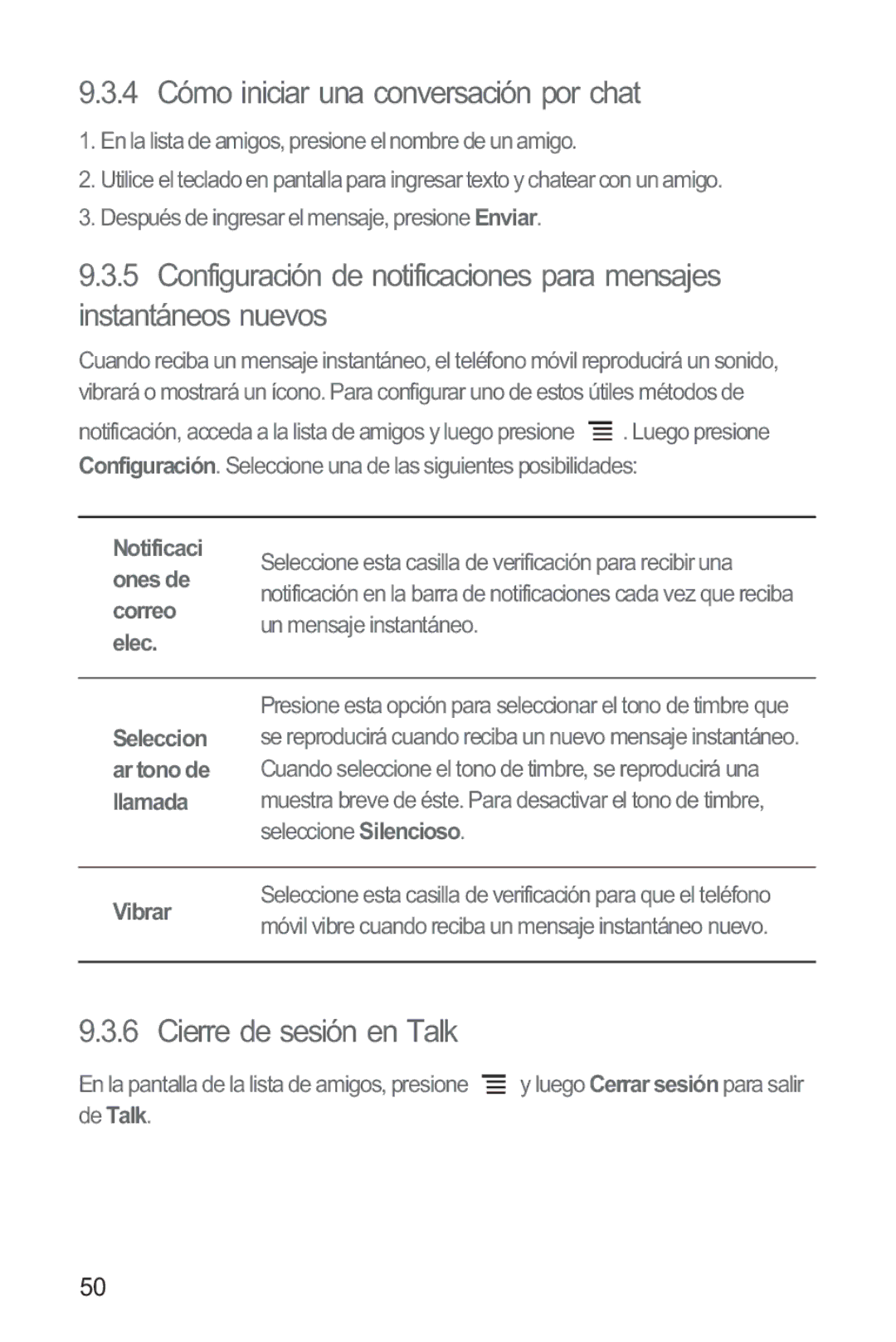 Huawei M865 manual 4 Cómo iniciar una conversación por chat, Cierre de sesión en Talk, Vibrar 