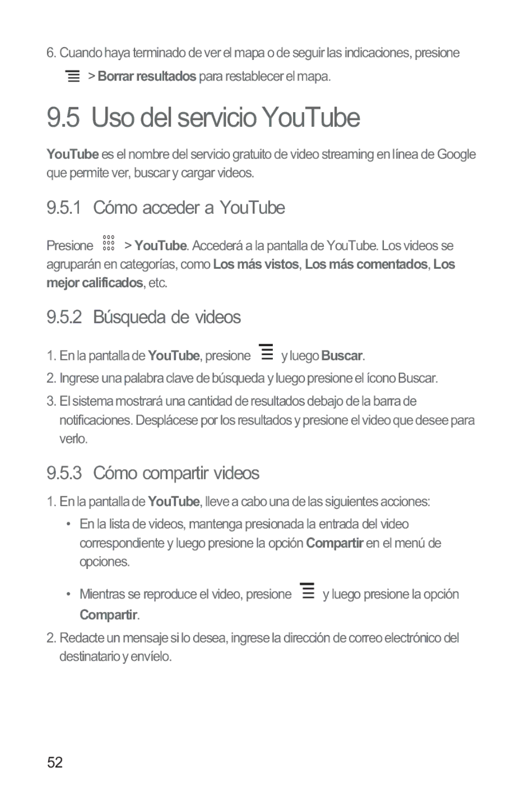 Huawei M865 Uso del servicio YouTube, 1 Cómo acceder a YouTube, 2 Búsqueda de videos, 3 Cómo compartir videos, Compartir 