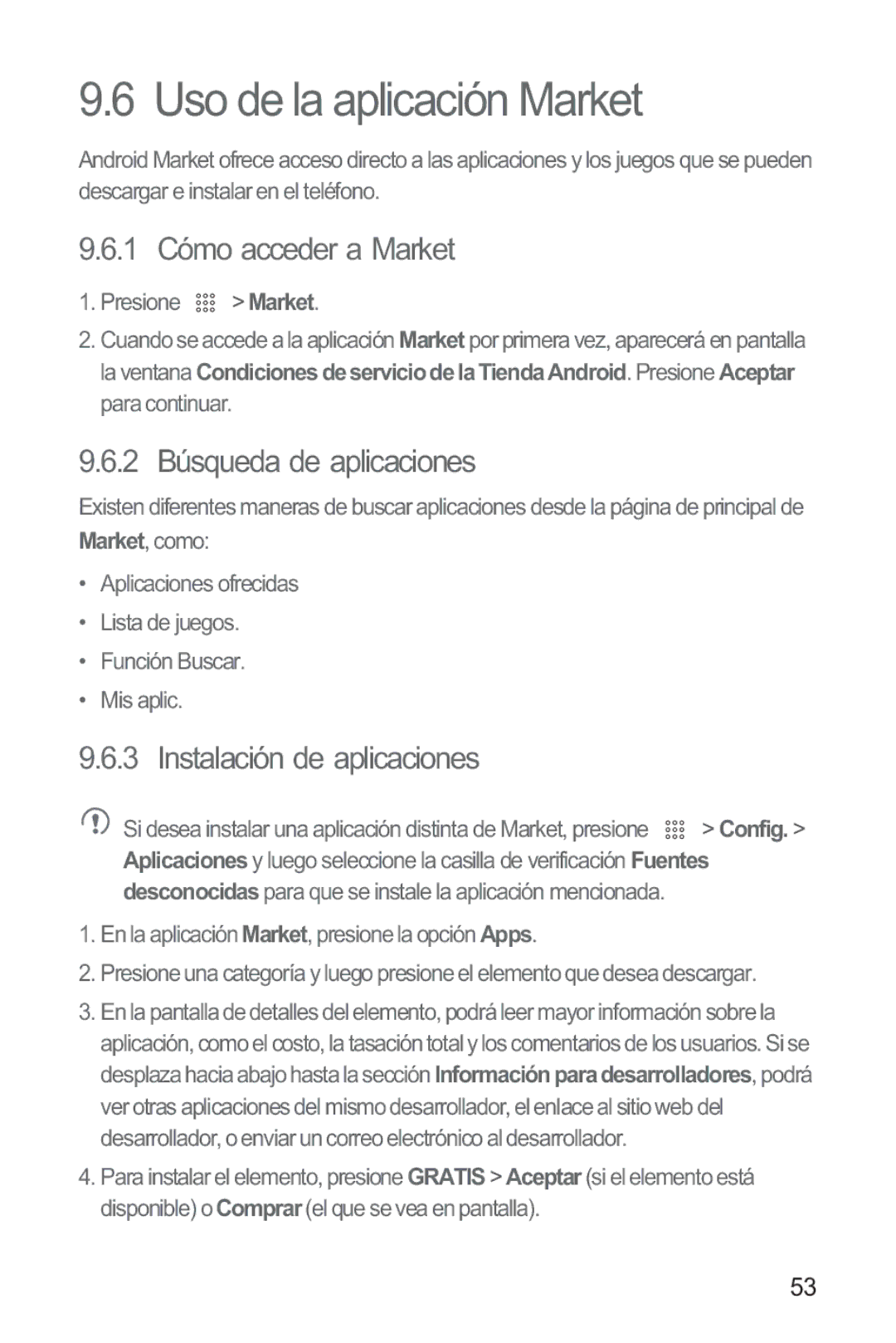 Huawei M865 Uso de la aplicación Market, 1 Cómo acceder a Market, 2 Búsqueda de aplicaciones, Instalación de aplicaciones 