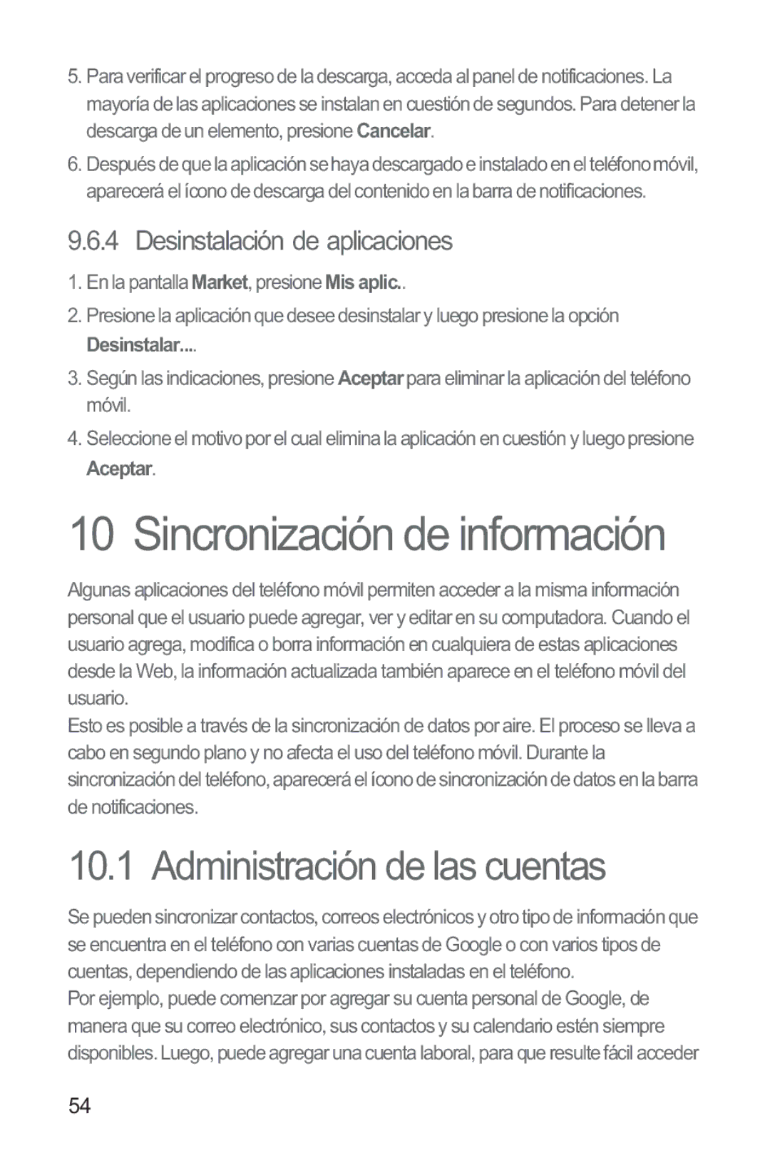 Huawei M865 manual Administración de las cuentas, Desinstalación de aplicaciones 