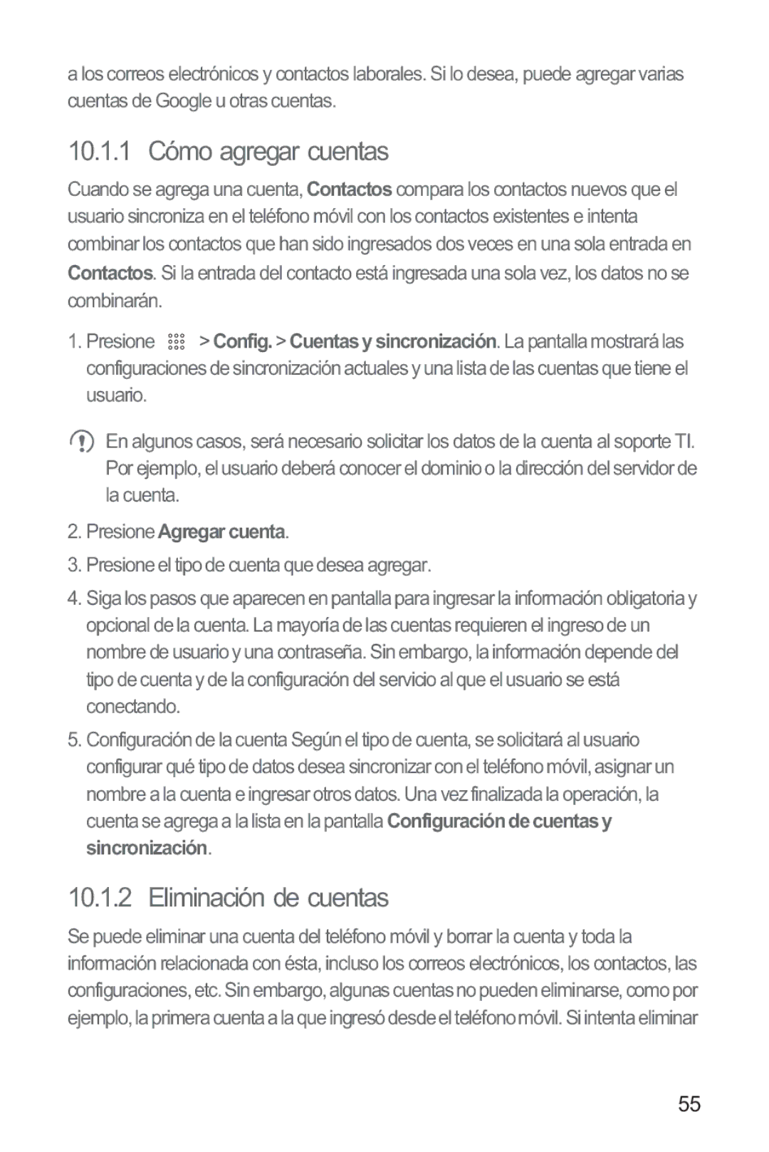 Huawei M865 manual 10.1.1 Cómo agregar cuentas, Eliminación de cuentas, Presione Agregar cuenta 