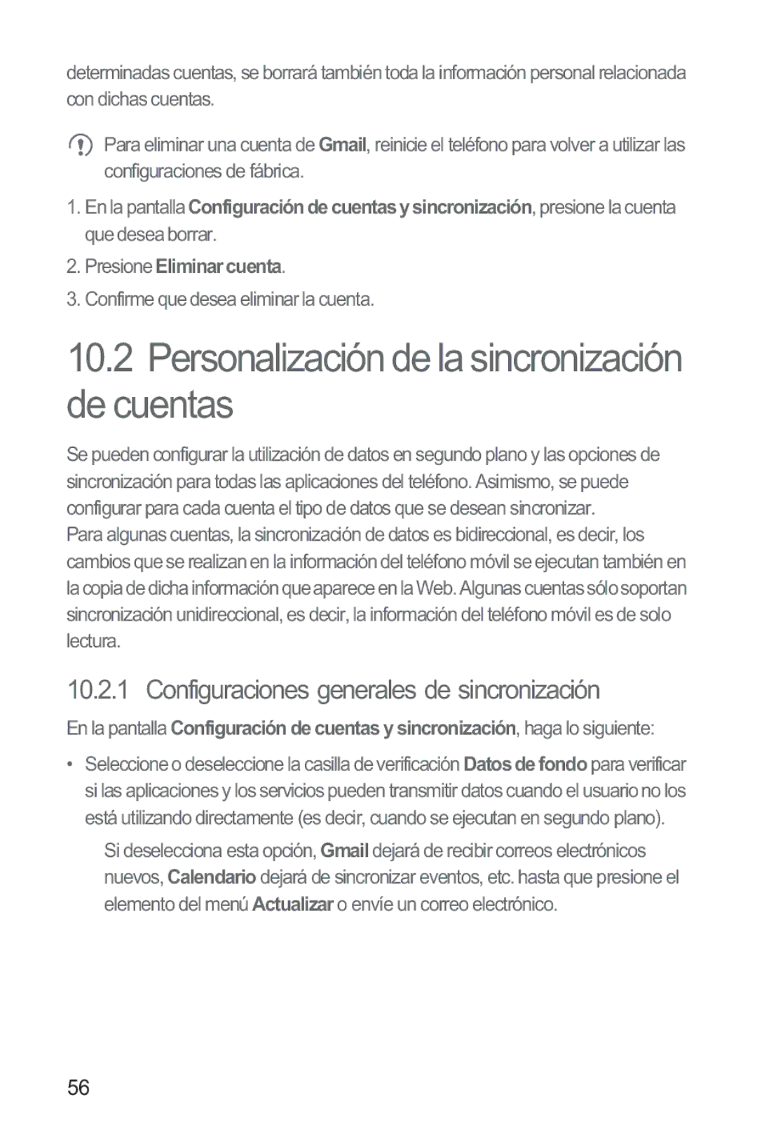 Huawei M865 manual Personalización de la sincronización de cuentas, Configuraciones generales de sincronización 