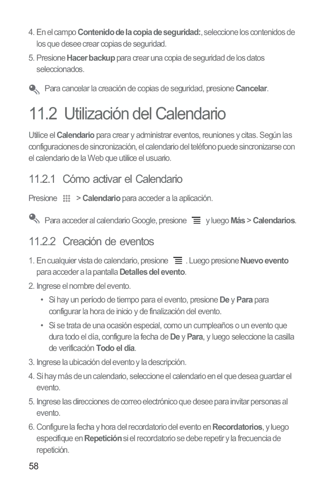 Huawei M865 manual Utilización del Calendario, 11.2.1 Cómo activar el Calendario, Creación de eventos 