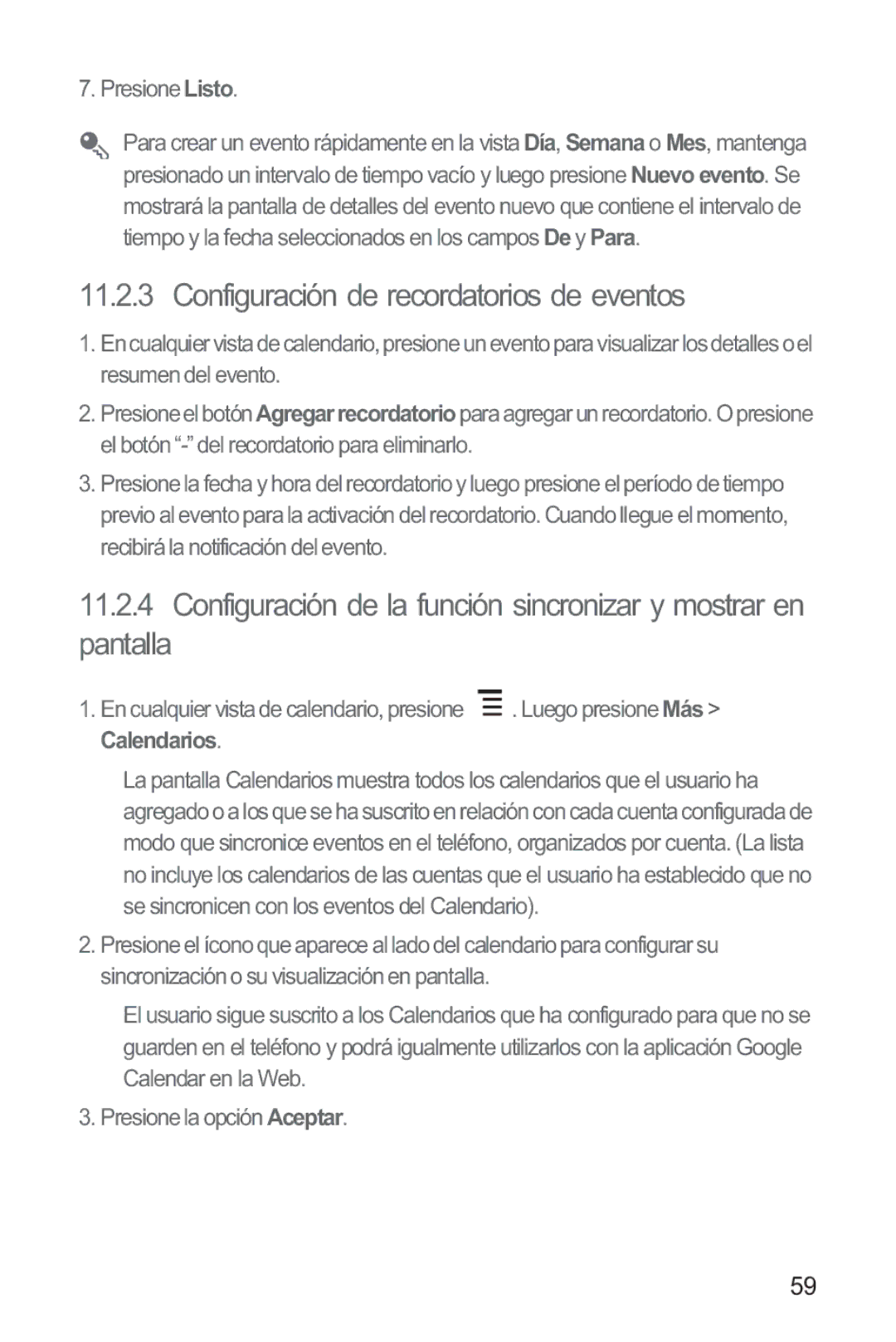 Huawei M865 manual Configuración de recordatorios de eventos, Calendarios 